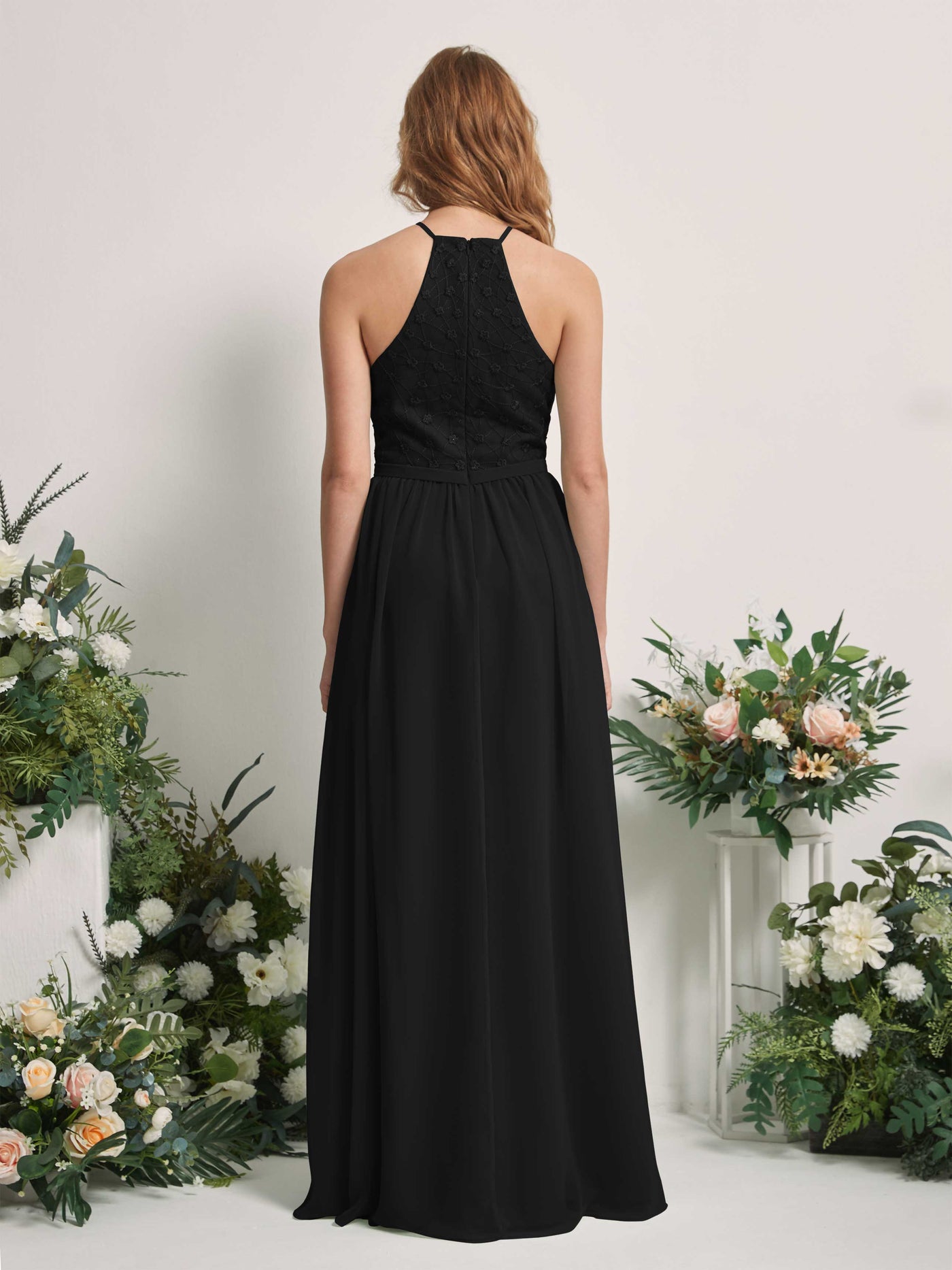 Carlyna Vestido línea A cuello redondo hasta el suelo vestidos de dama de honor Negro #color_negro