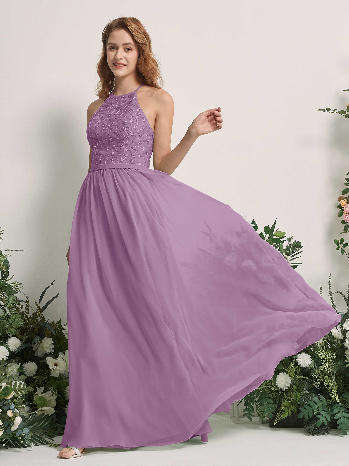 Carlyna Vestido línea A cuello redondo hasta el suelo vestidos de dama de honor Niebla Orquídea #color_niebla-orqu-dea