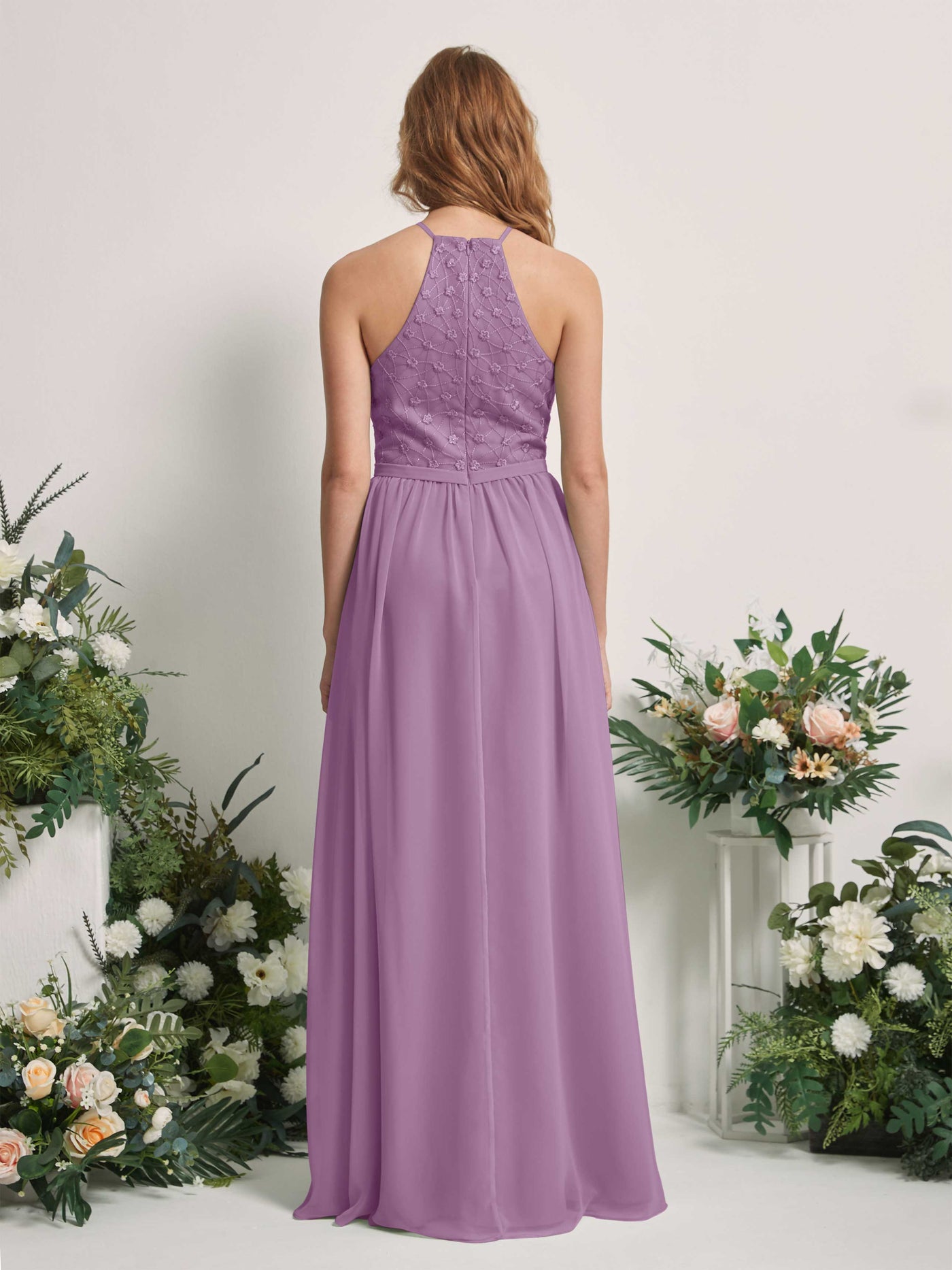 Carlyna Vestido línea A cuello redondo hasta el suelo vestidos de dama de honor Niebla Orquídea #color_niebla-orqu-dea