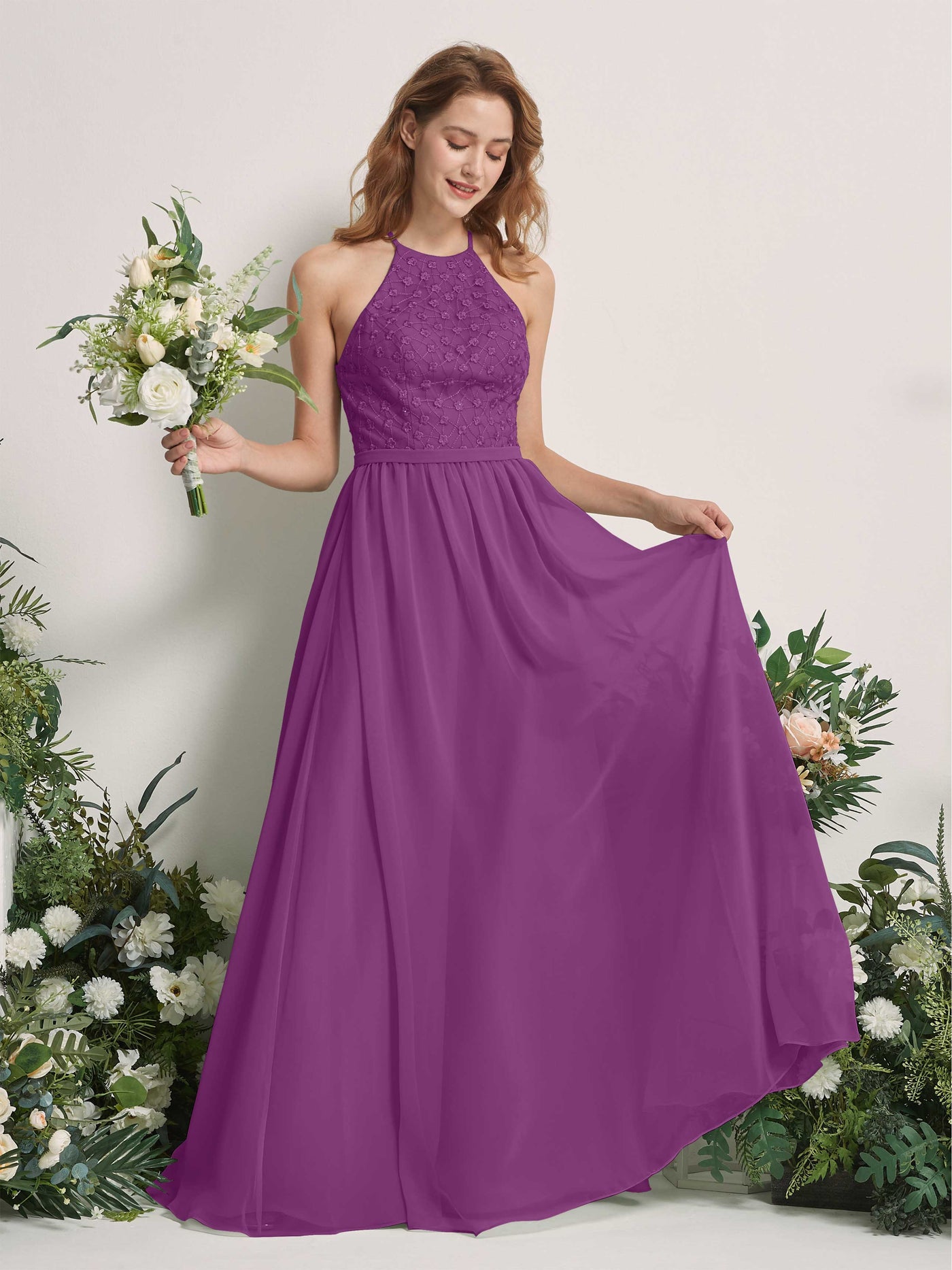 Carlyna Vestido línea A cuello redondo hasta el suelo vestidos de dama de honor Púrpura #color_p-rpura