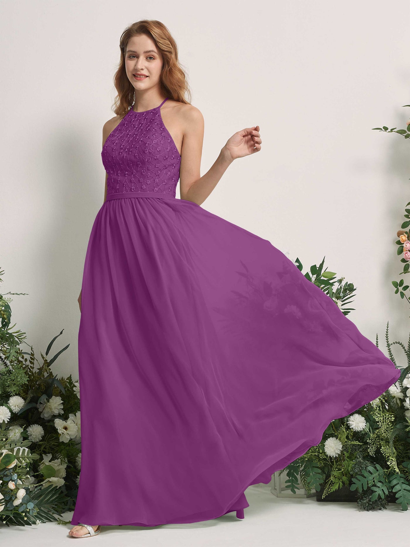 Carlyna Vestido línea A cuello redondo hasta el suelo vestidos de dama de honor Púrpura #color_p-rpura
