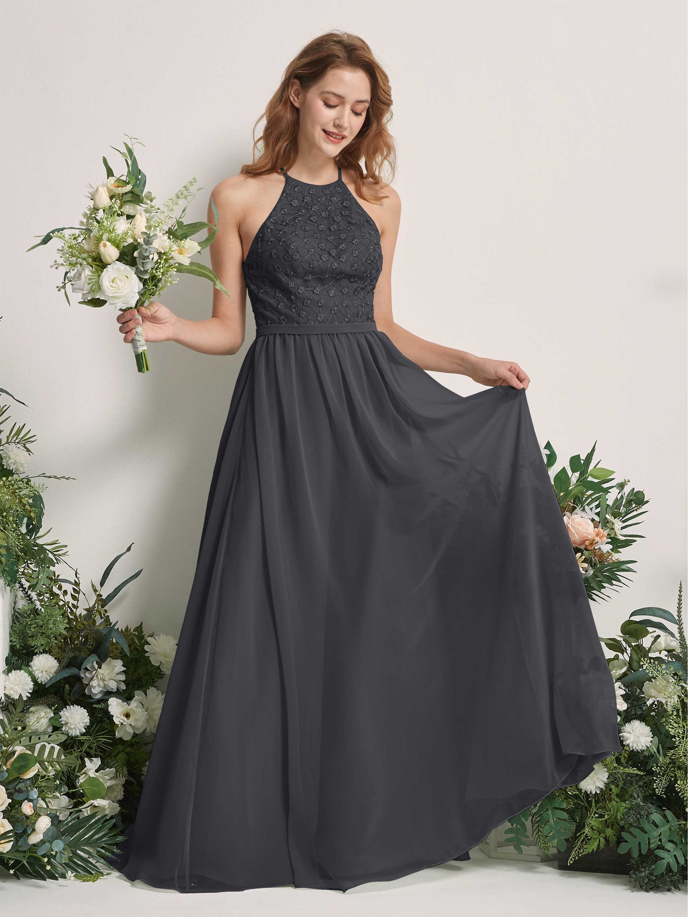 Carlyna Vestido línea A cuello redondo hasta el suelo vestidos de dama de honor Peltre #color_peltre
