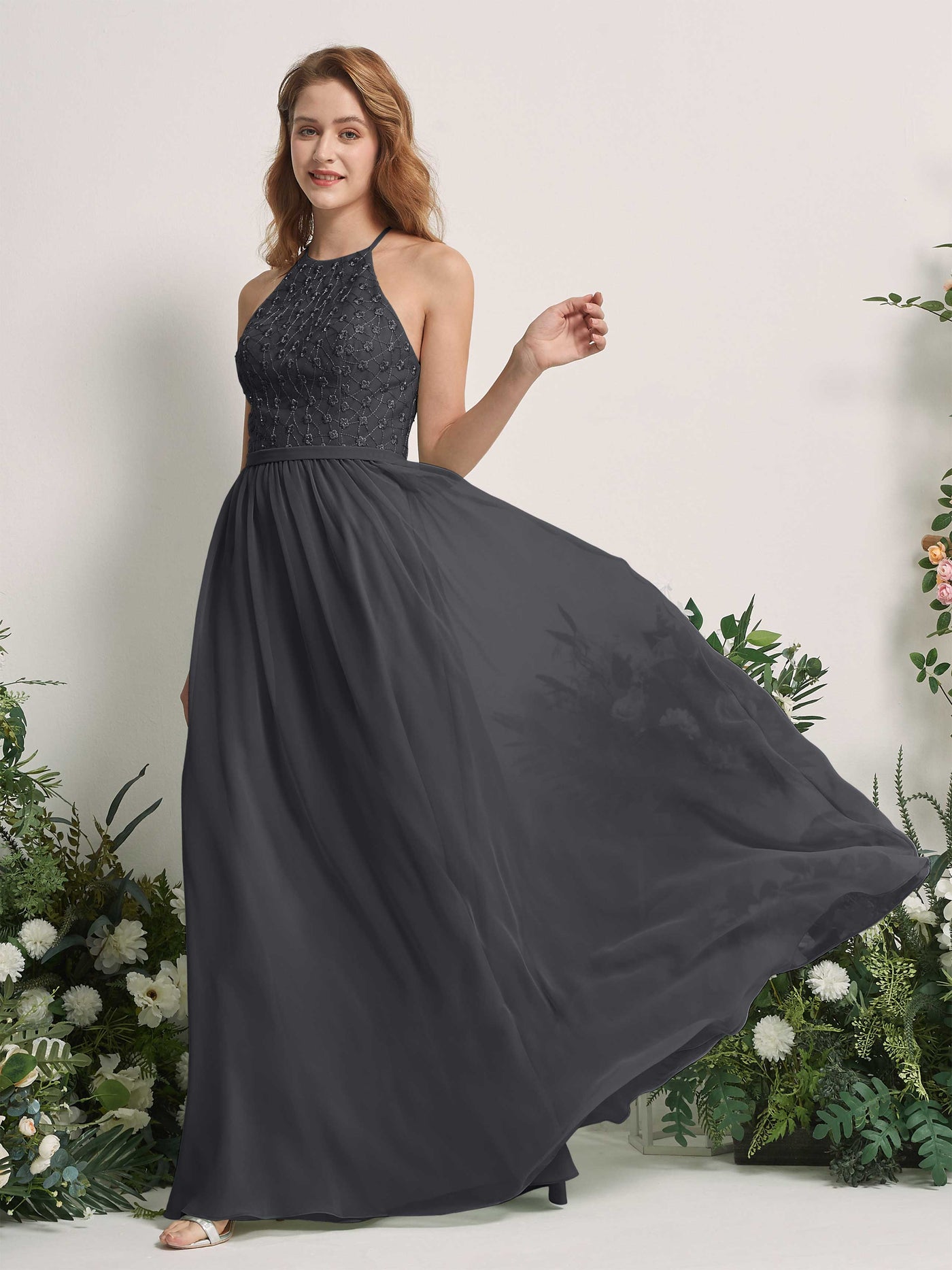 Carlyna Vestido línea A cuello redondo hasta el suelo vestidos de dama de honor Peltre #color_peltre