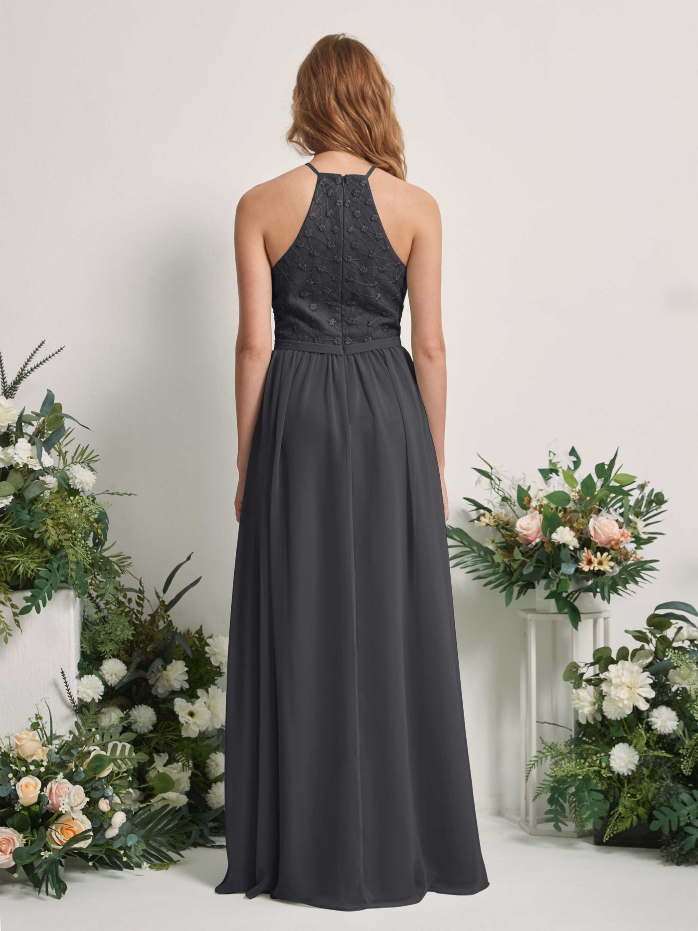 Carlyna Vestido línea A cuello redondo hasta el suelo vestidos de dama de honor Peltre #color_peltre