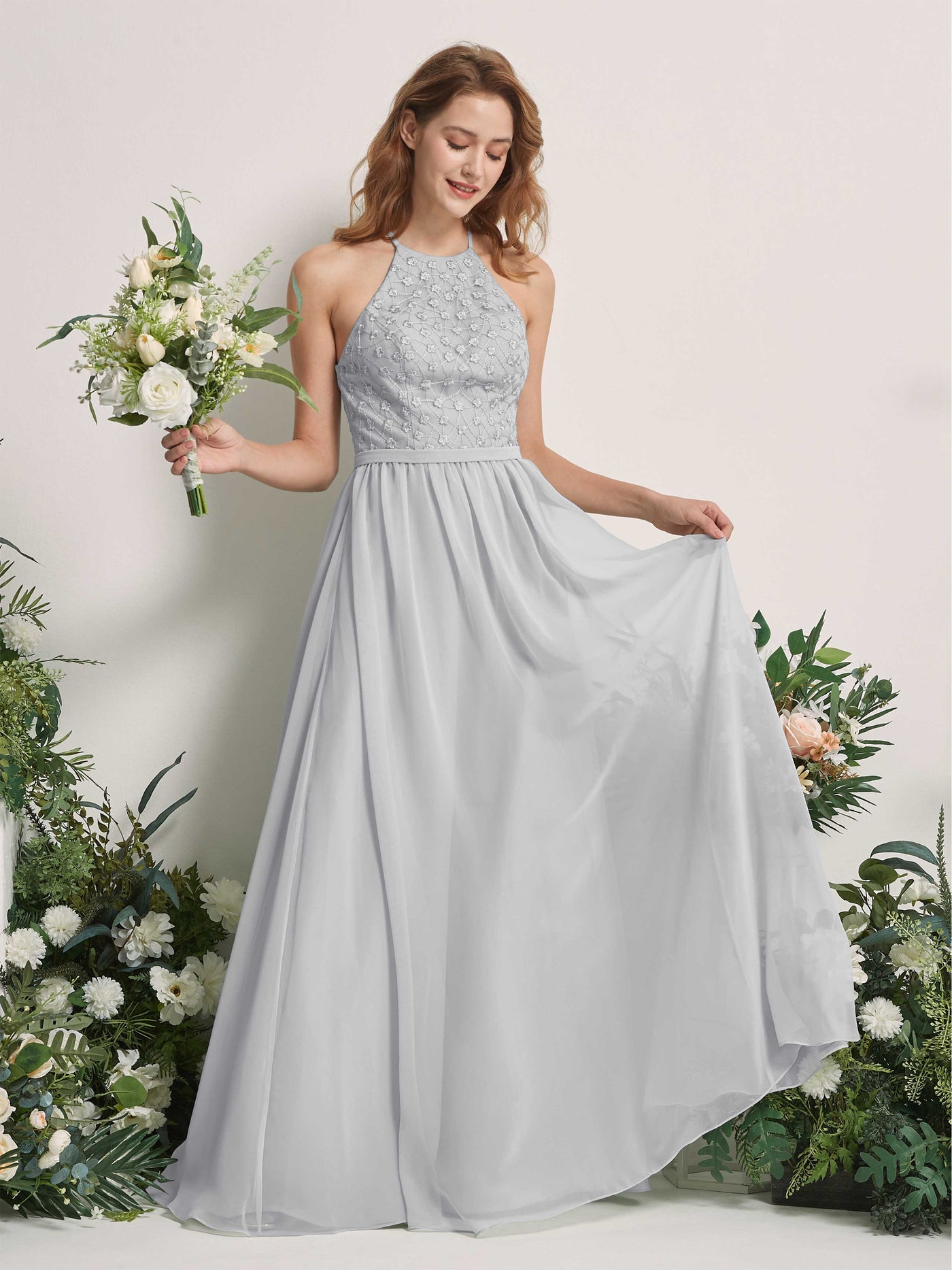 Carlyna Vestido línea A cuello redondo hasta el suelo vestidos de dama de honor Plata #color_plata