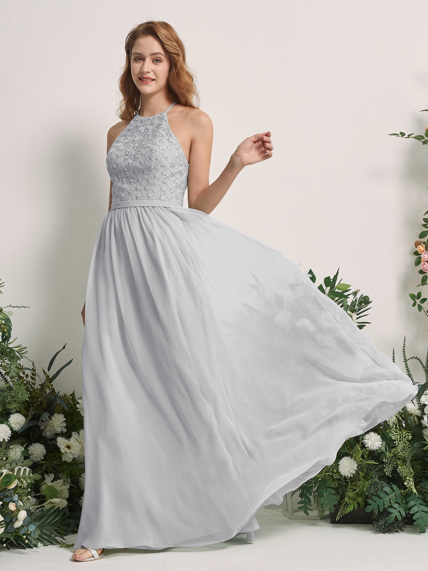 Carlyna Vestido línea A cuello redondo hasta el suelo vestidos de dama de honor Plata #color_plata