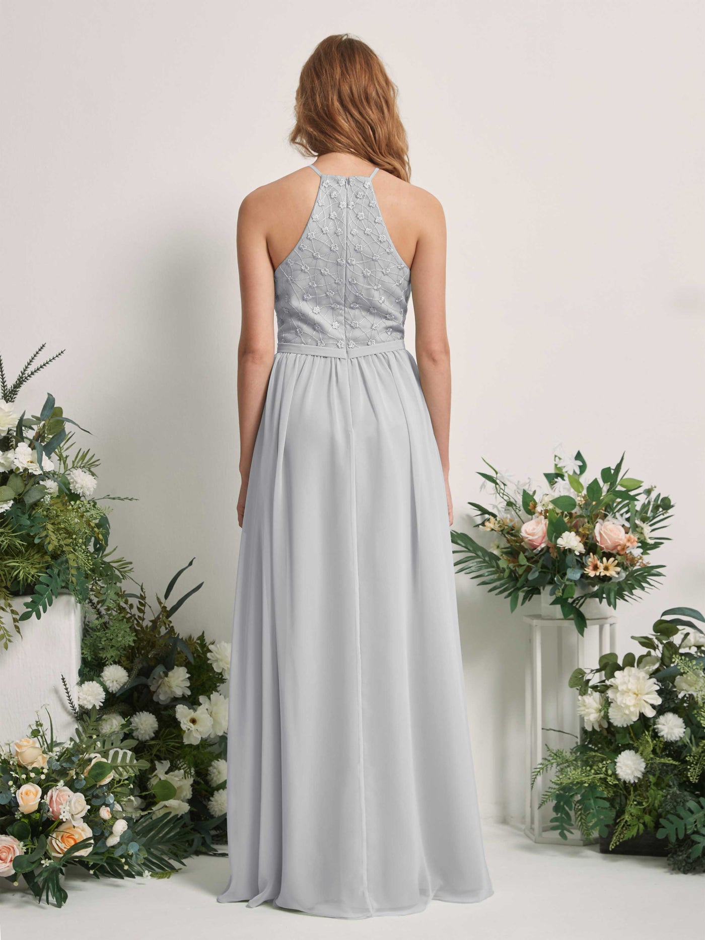 Carlyna Vestido línea A cuello redondo hasta el suelo vestidos de dama de honor Plata #color_plata