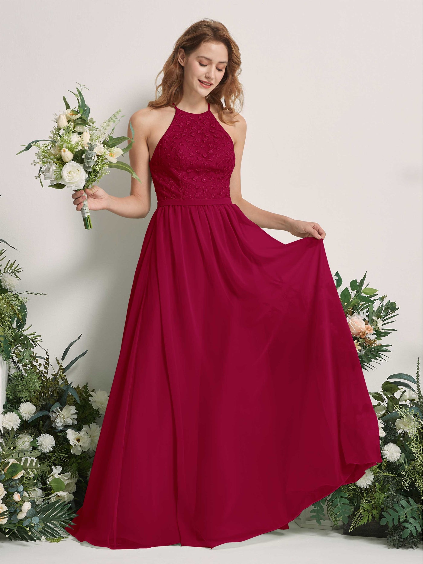 Carlyna Vestido línea A cuello redondo hasta el suelo vestidos de dama de honor Rojo Bufón #color_rojo-buf-n