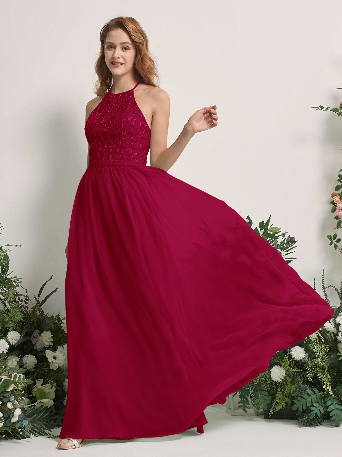 Carlyna Vestido línea A cuello redondo hasta el suelo vestidos de dama de honor Rojo Bufón #color_rojo-buf-n