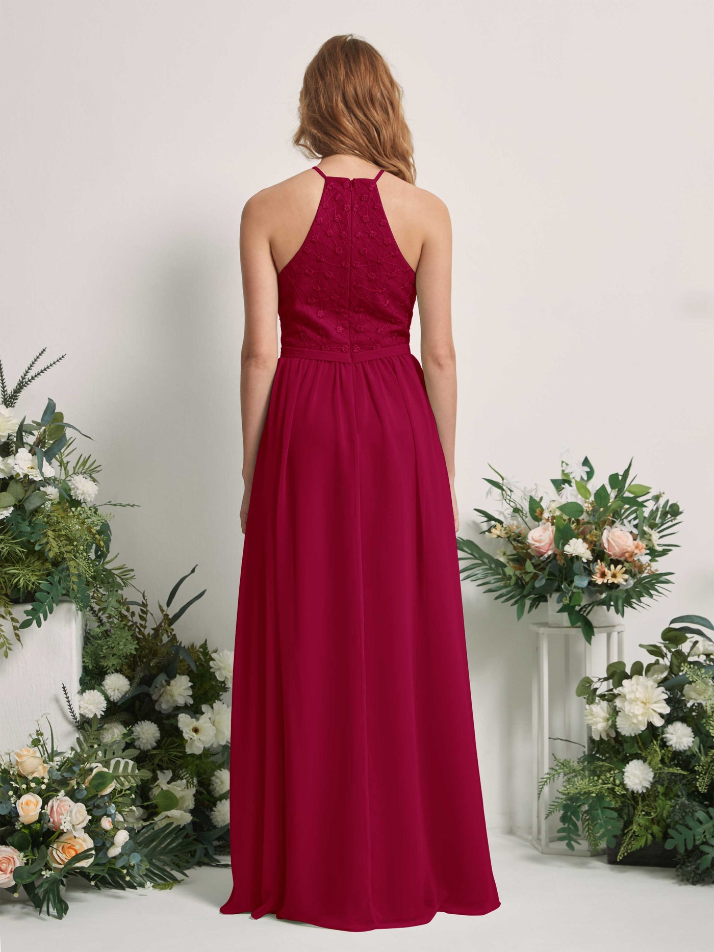 Carlyna Vestido línea A cuello redondo hasta el suelo vestidos de dama de honor Rojo Bufón #color_rojo-buf-n