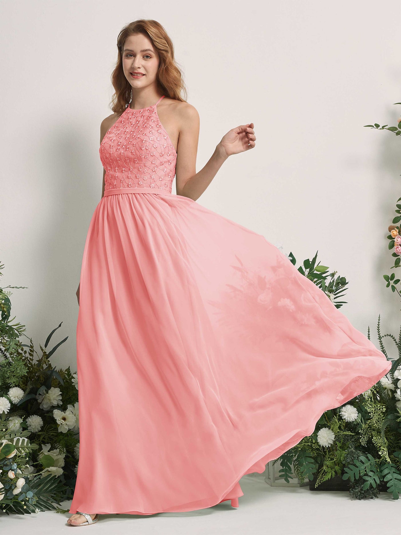 Carlyna Vestido línea A cuello redondo hasta el suelo vestidos de dama de honor Rosa Ballet #color_rosa-ballet