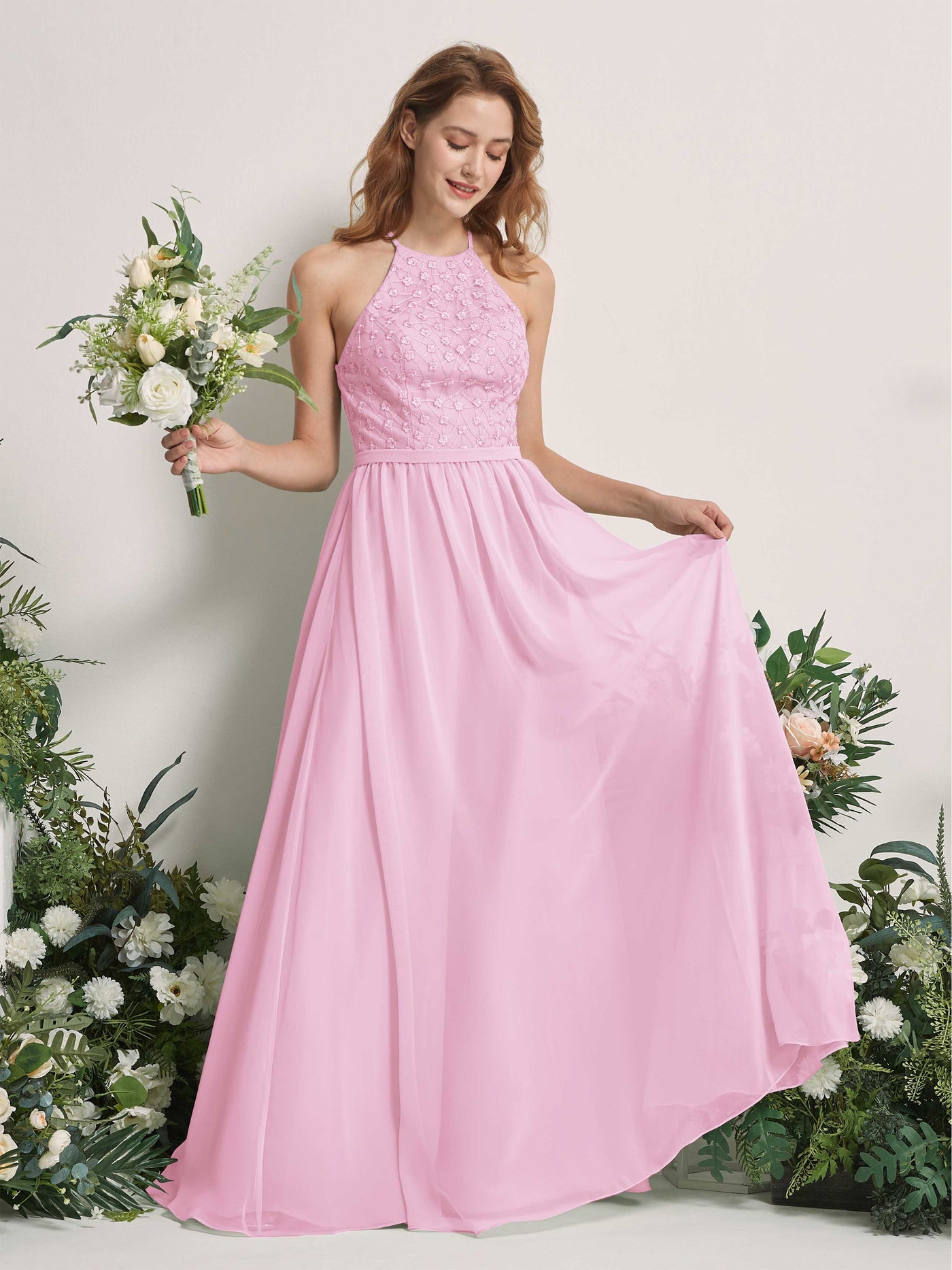 Carlyna Vestido línea A cuello redondo hasta el suelo vestidos de dama de honor Rosa Caramelo #color_rosa-caramelo