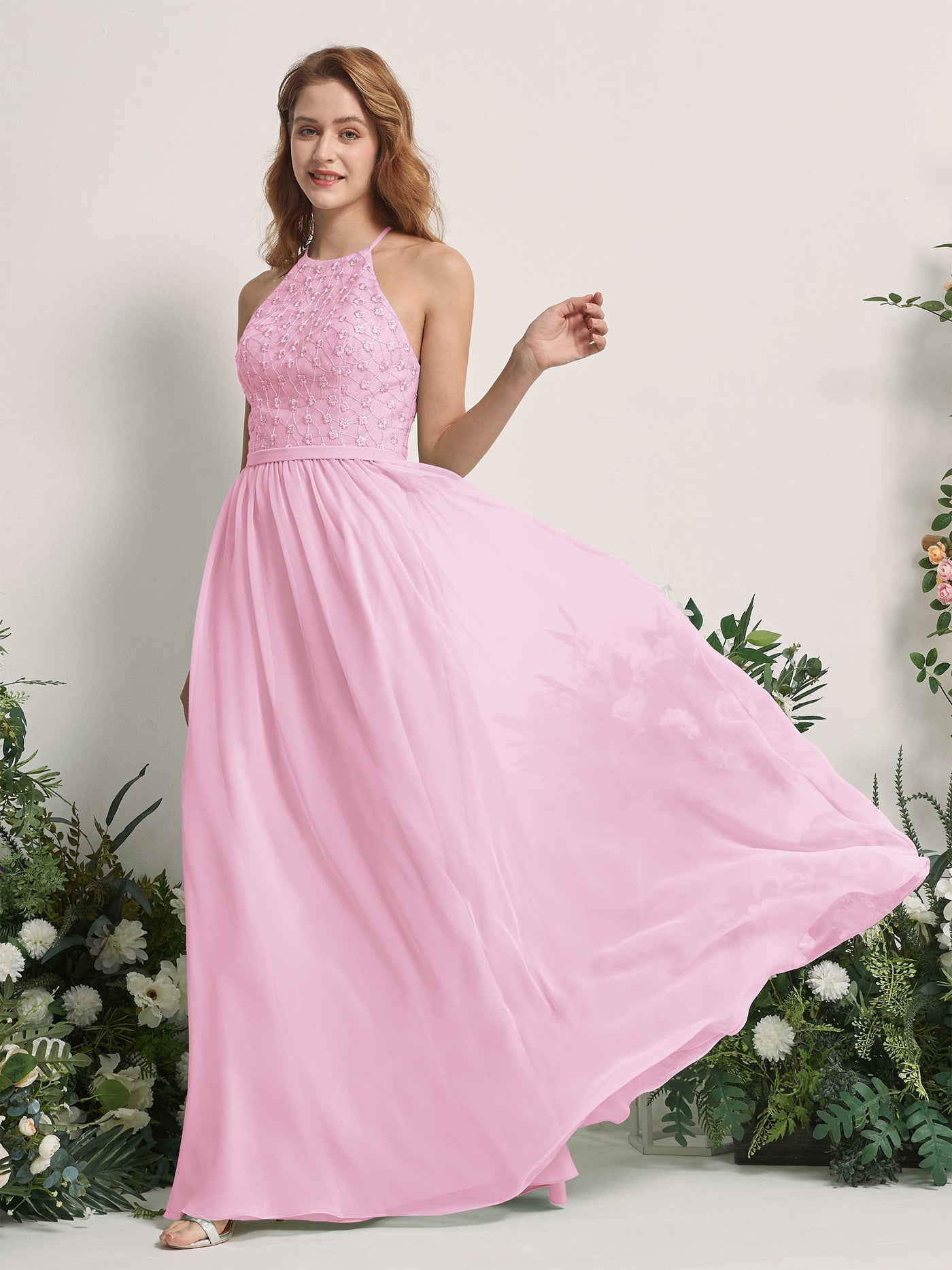 Carlyna Vestido línea A cuello redondo hasta el suelo vestidos de dama de honor Rosa Caramelo #color_rosa-caramelo