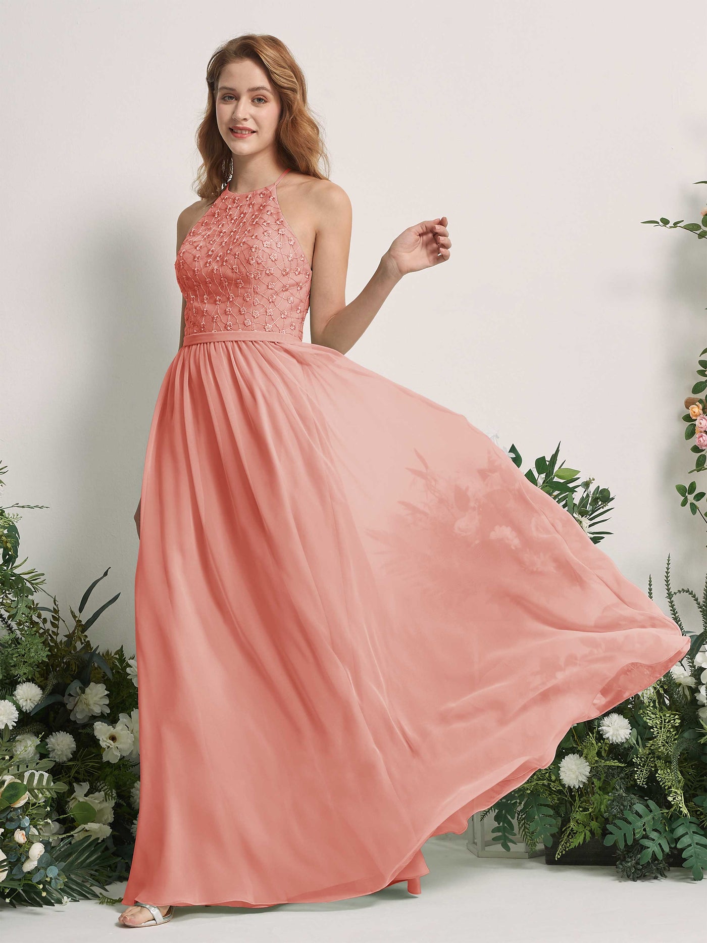 Carlyna Vestido línea A cuello redondo hasta el suelo vestidos de dama de honor Rosa Champán #color_rosa-champ-n