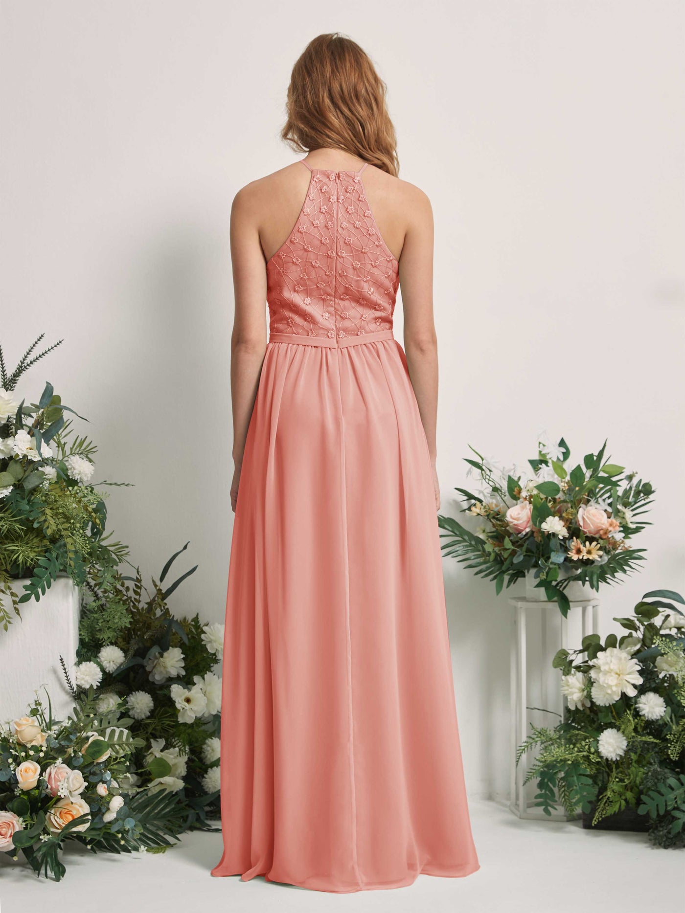 Carlyna Vestido línea A cuello redondo hasta el suelo vestidos de dama de honor Rosa Champán #color_rosa-champ-n