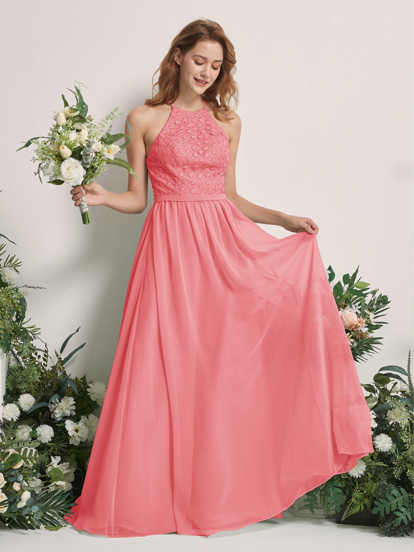 Carlyna Vestido línea A cuello redondo hasta el suelo vestidos de dama de honor Rosa Coral #color_rosa-coral