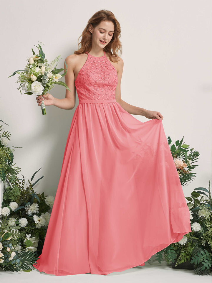 Carlyna Vestido línea A cuello redondo hasta el suelo vestidos de dama de honor Rosa Coral 