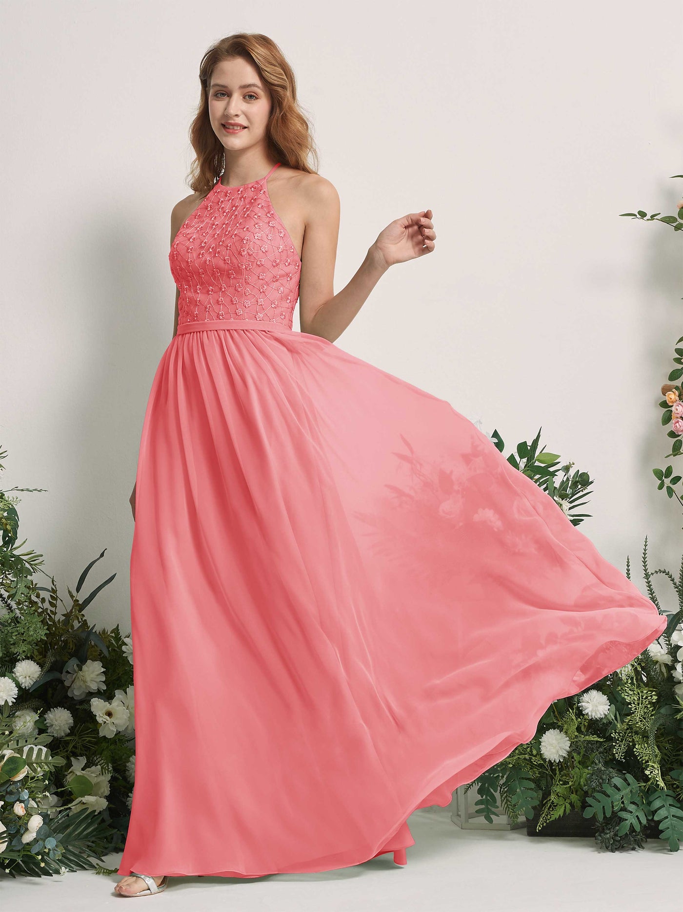 Carlyna Vestido línea A cuello redondo hasta el suelo vestidos de dama de honor Rosa Coral #color_rosa-coral