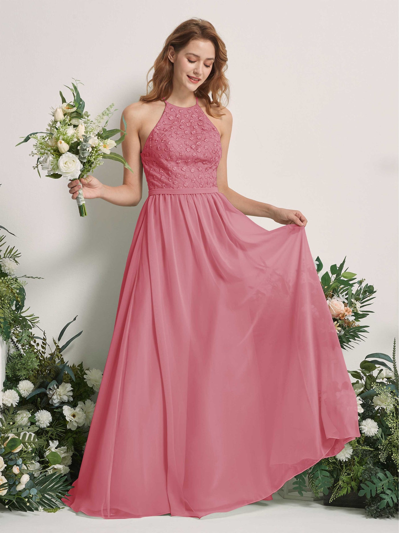 Carlyna Vestido línea A cuello redondo hasta el suelo vestidos de dama de honor Rosa Del Desierto #color_rosa-del-desierto
