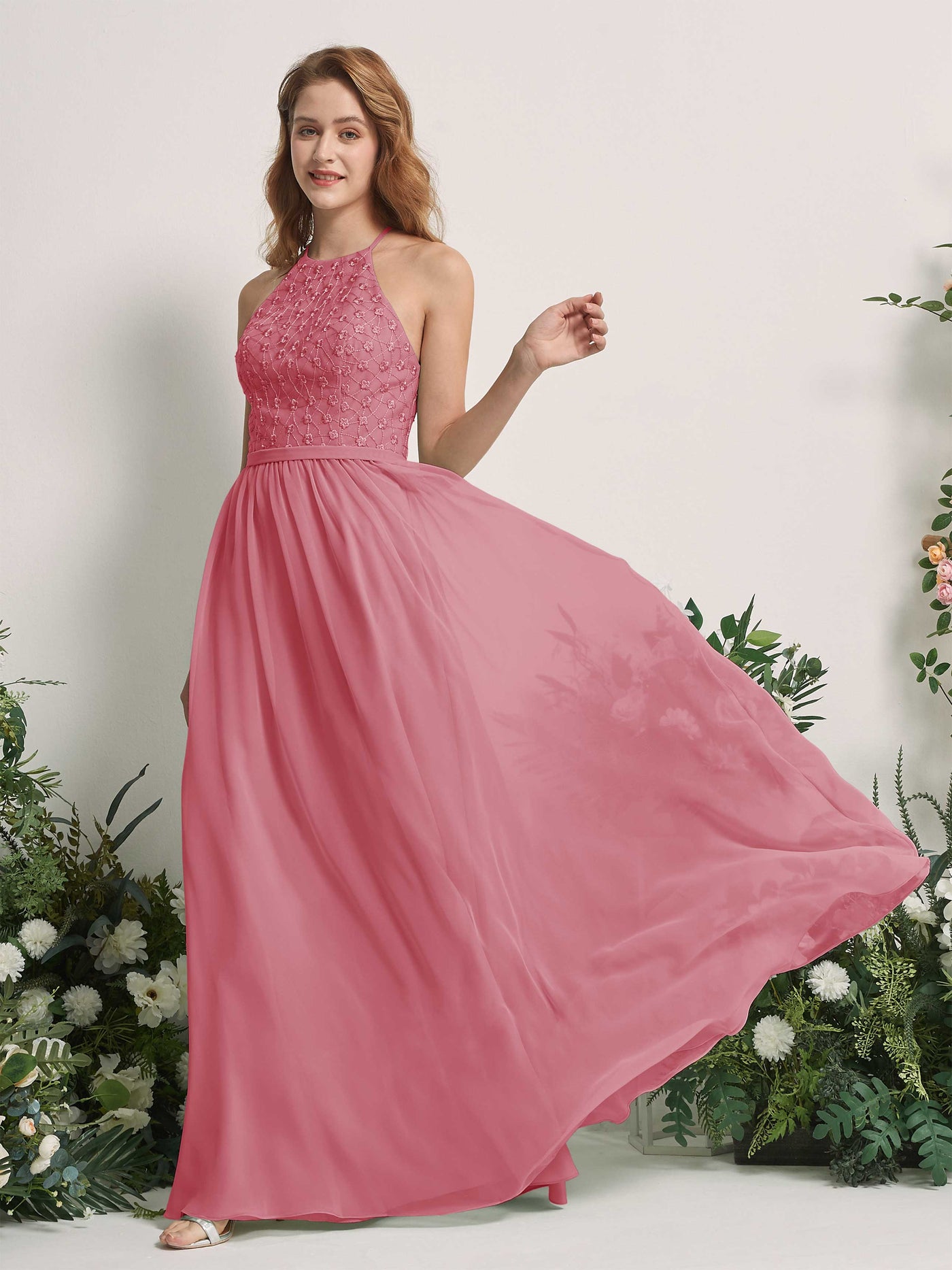 Carlyna Vestido línea A cuello redondo hasta el suelo vestidos de dama de honor Rosa Del Desierto #color_rosa-del-desierto