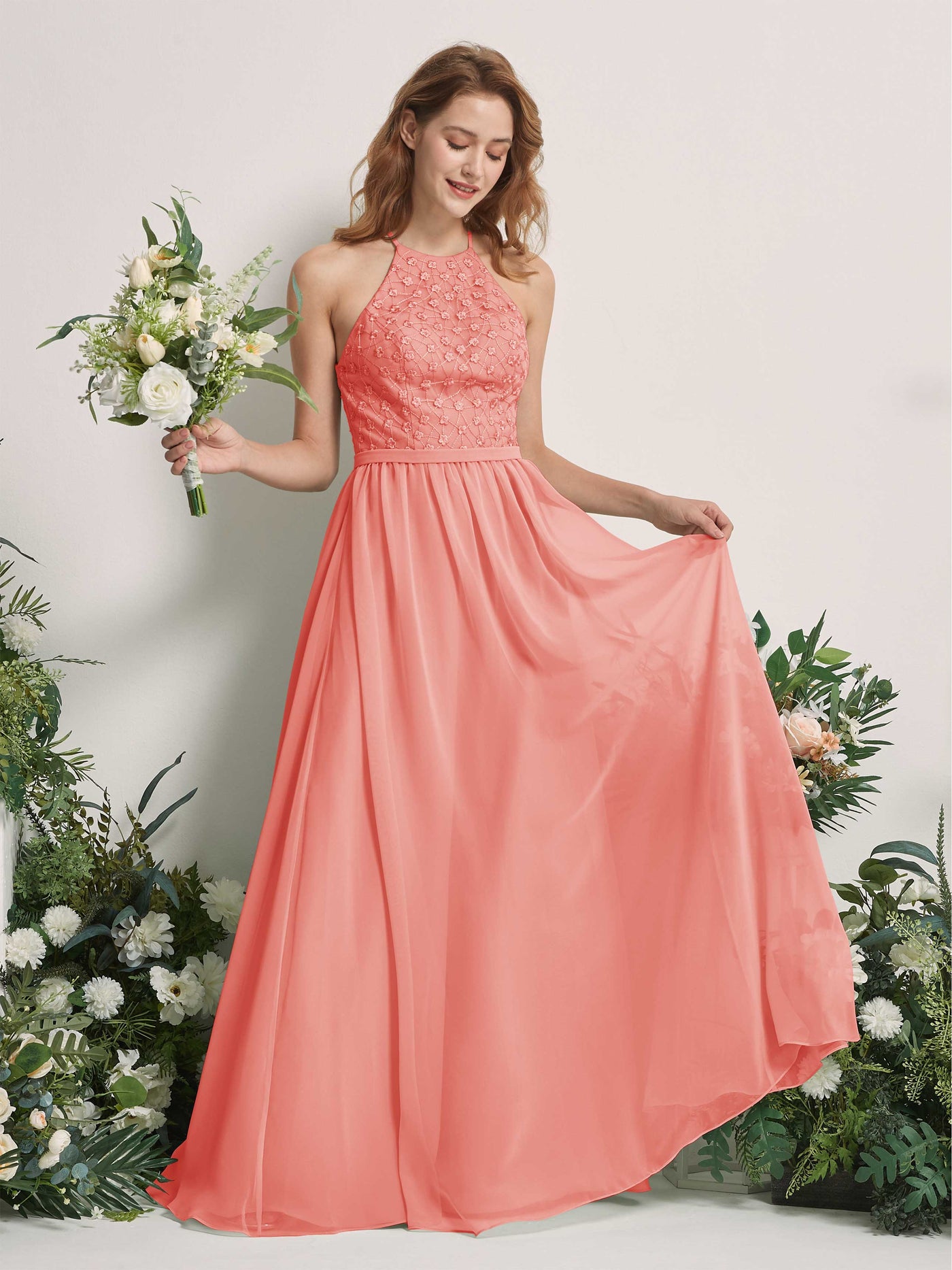 Carlyna Vestido línea A cuello redondo hasta el suelo vestidos de dama de honor Rosa Melocotón #color_rosa-melocot-n
