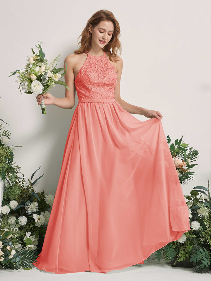 Carlyna Vestido línea A cuello redondo hasta el suelo vestidos de dama de honor Rosa Melocotón 