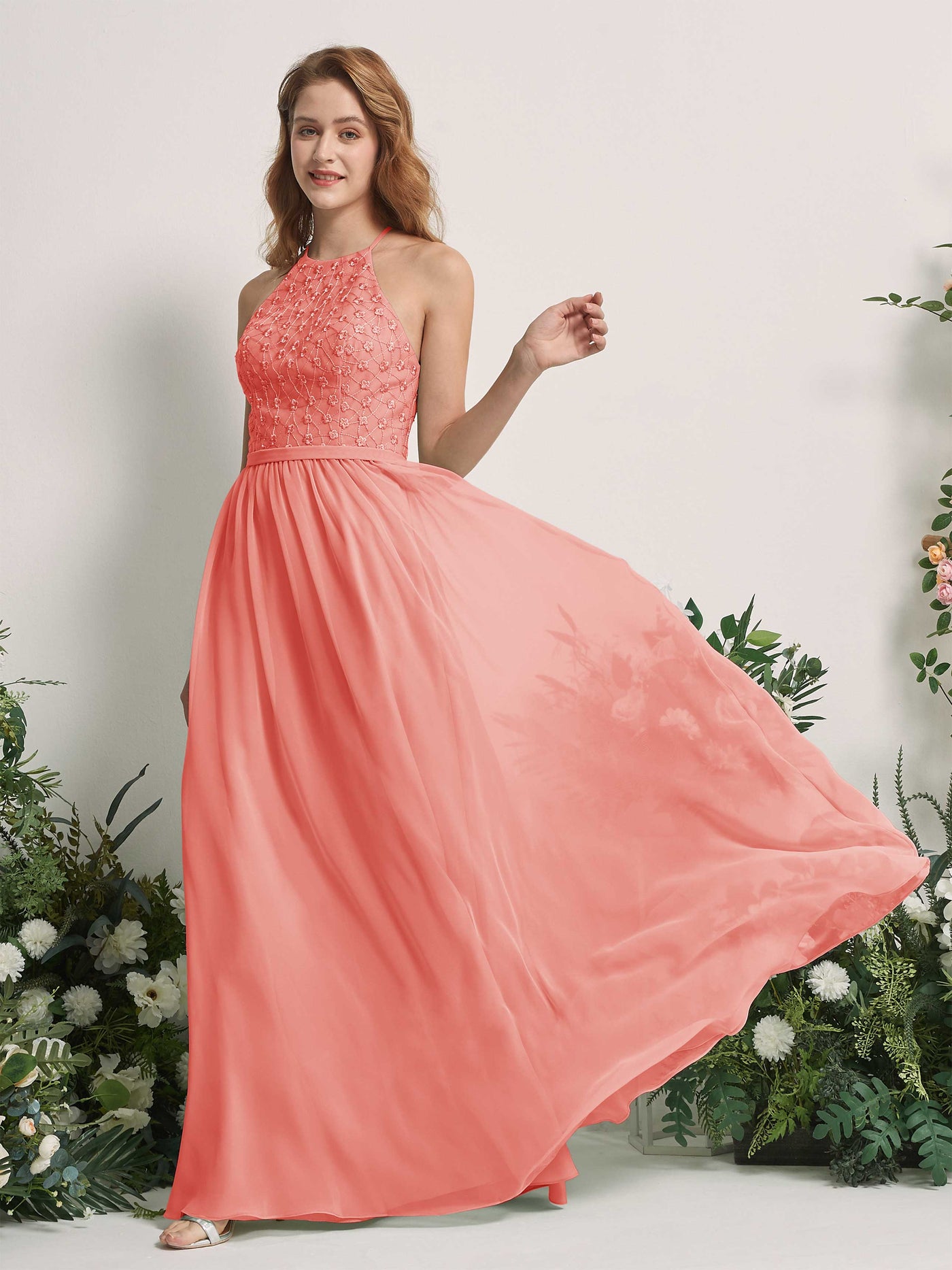 Carlyna Vestido línea A cuello redondo hasta el suelo vestidos de dama de honor Rosa Melocotón #color_rosa-melocot-n