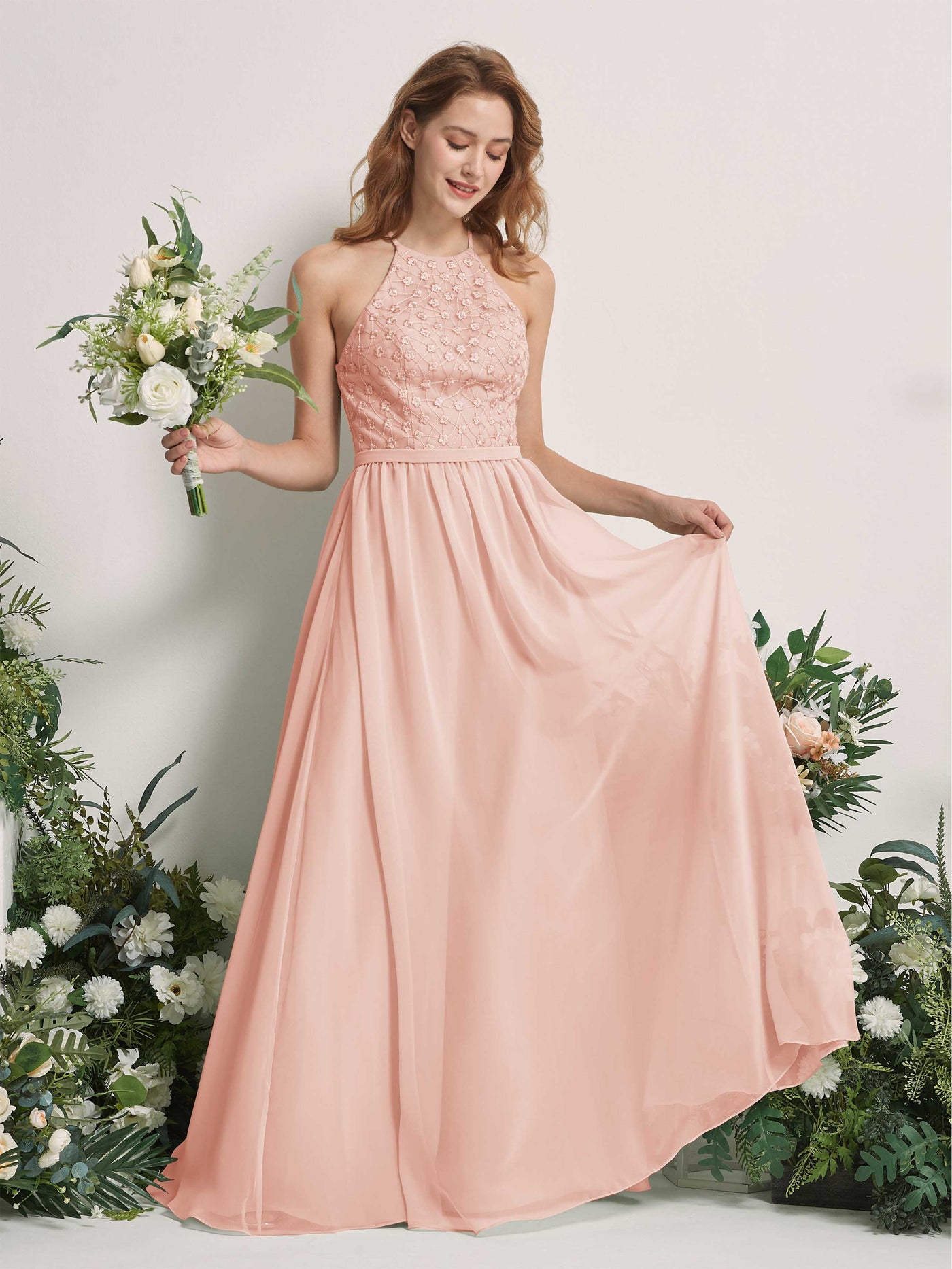 Carlyna Vestido línea A cuello redondo hasta el suelo vestidos de dama de honor Rosa Perla #color_rosa-perla