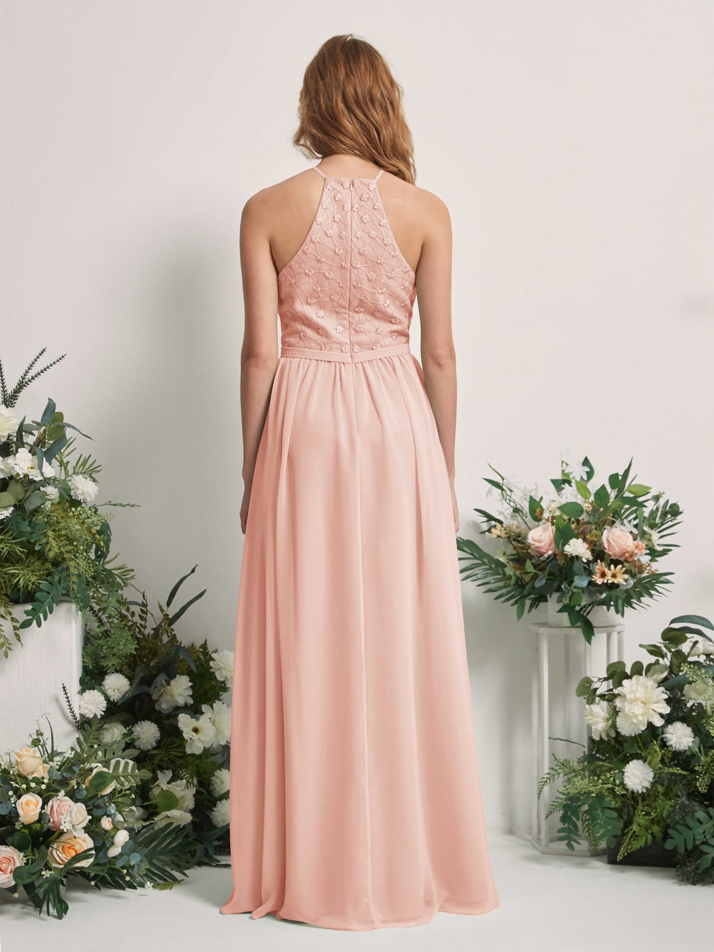 Carlyna Vestido línea A cuello redondo hasta el suelo vestidos de dama de honor Rosa Perla #color_rosa-perla