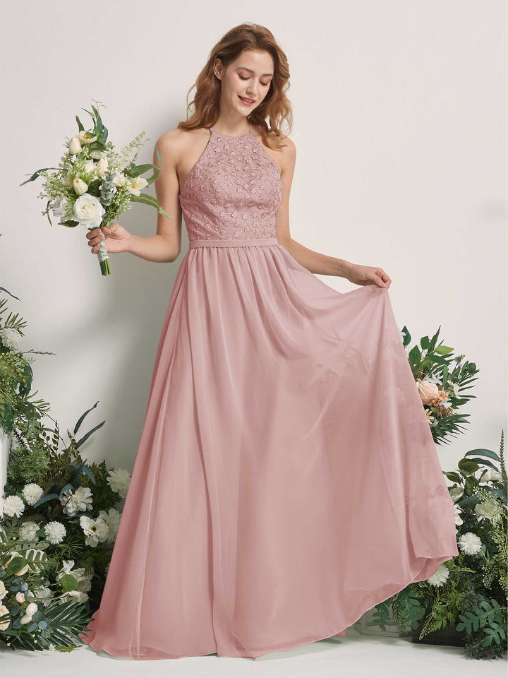 Carlyna Vestido línea A cuello redondo hasta el suelo vestidos de dama de honor Rosa Polvorienta 