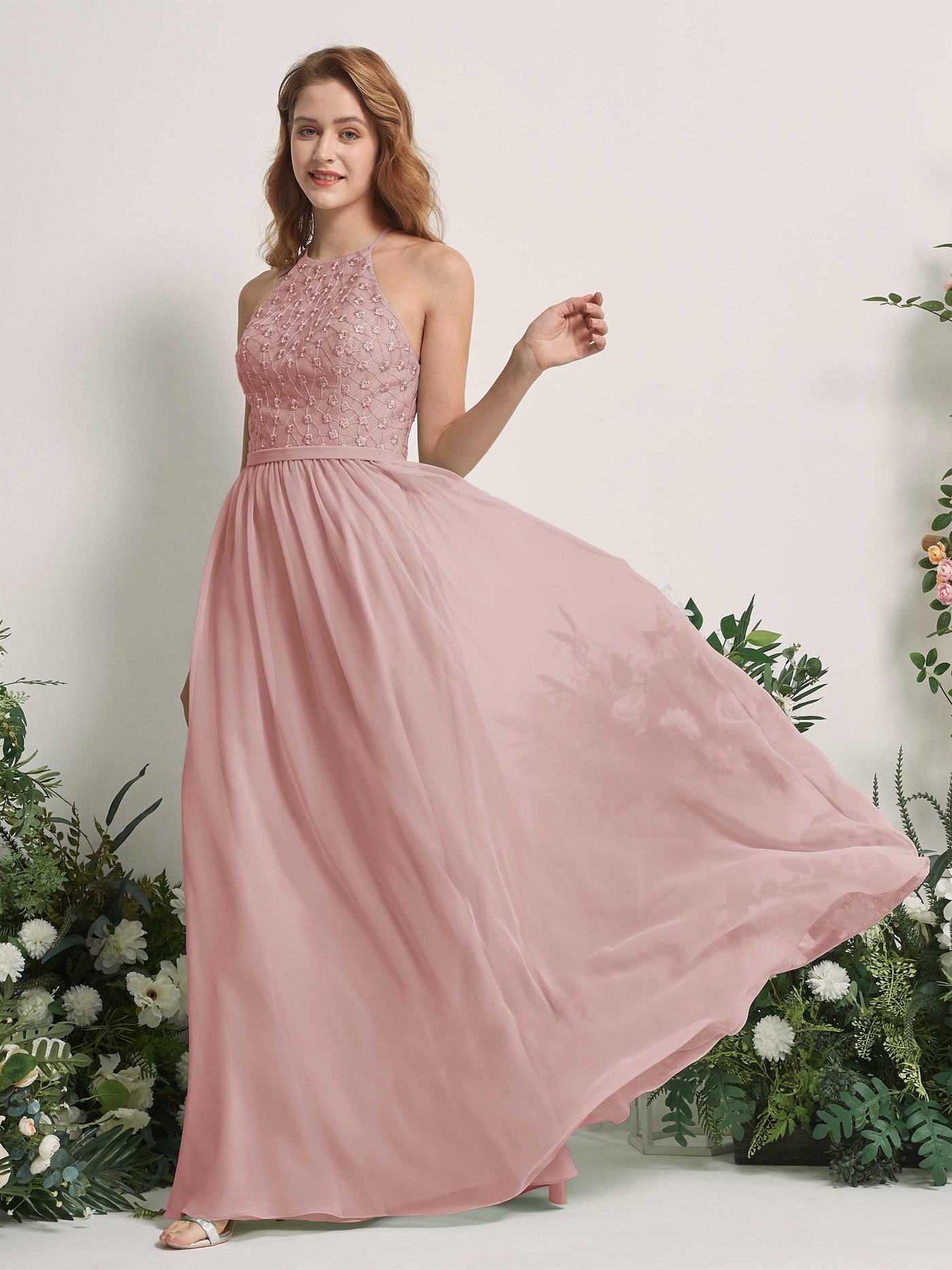Carlyna Vestido línea A cuello redondo hasta el suelo vestidos de dama de honor Rosa Polvorienta #color_rosa-polvorienta