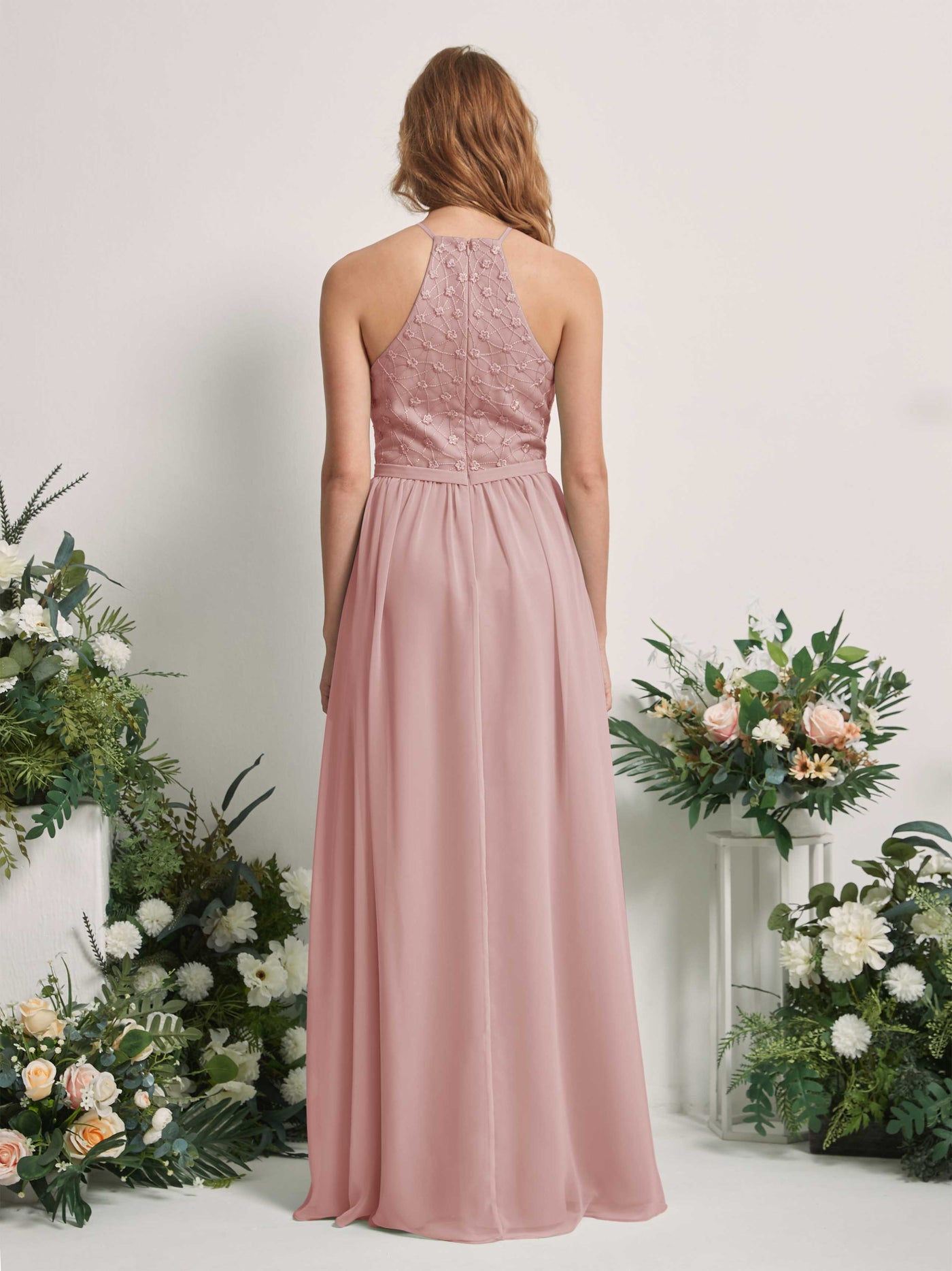 Carlyna Vestido línea A cuello redondo hasta el suelo vestidos de dama de honor Rosa Polvorienta #color_rosa-polvorienta