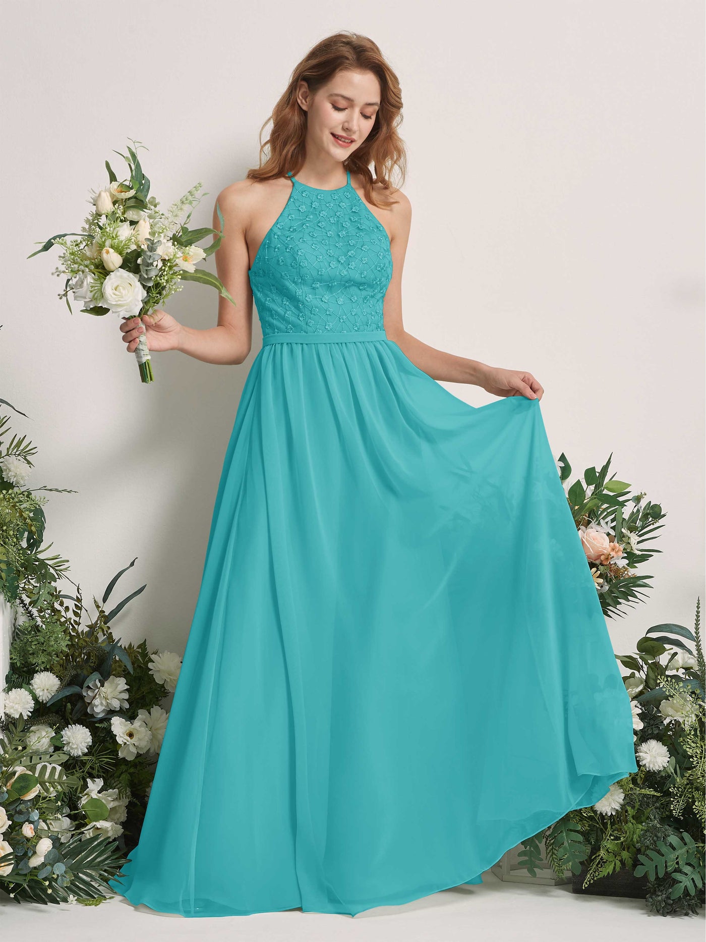 Carlyna Vestido línea A cuello redondo hasta el suelo vestidos de dama de honor Turquesa #color_turquesa