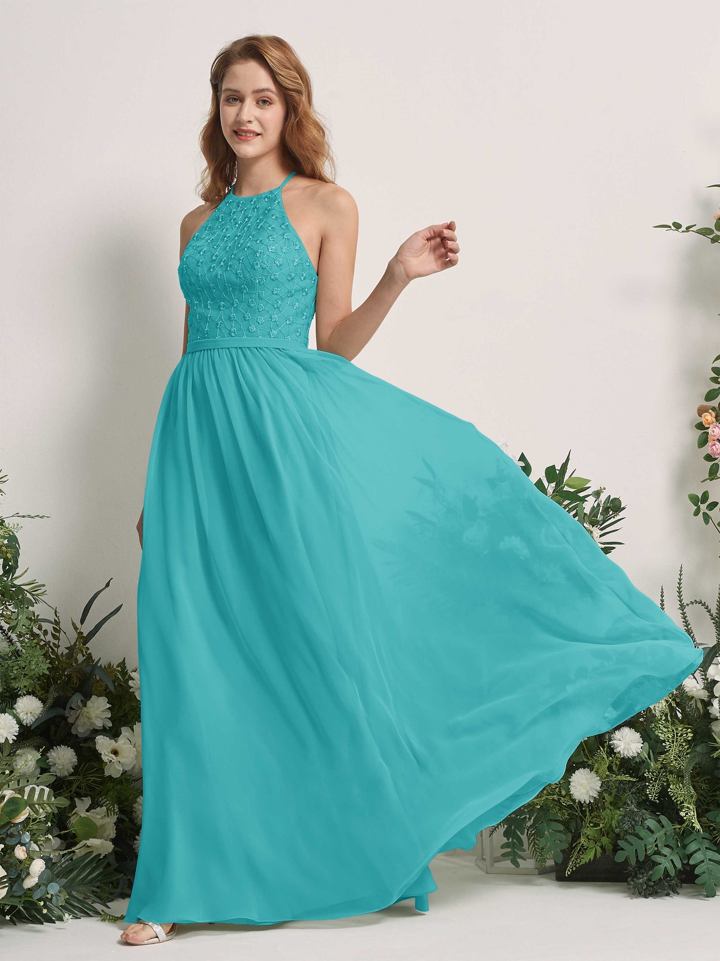 Carlyna Vestido línea A cuello redondo hasta el suelo vestidos de dama de honor Turquesa #color_turquesa