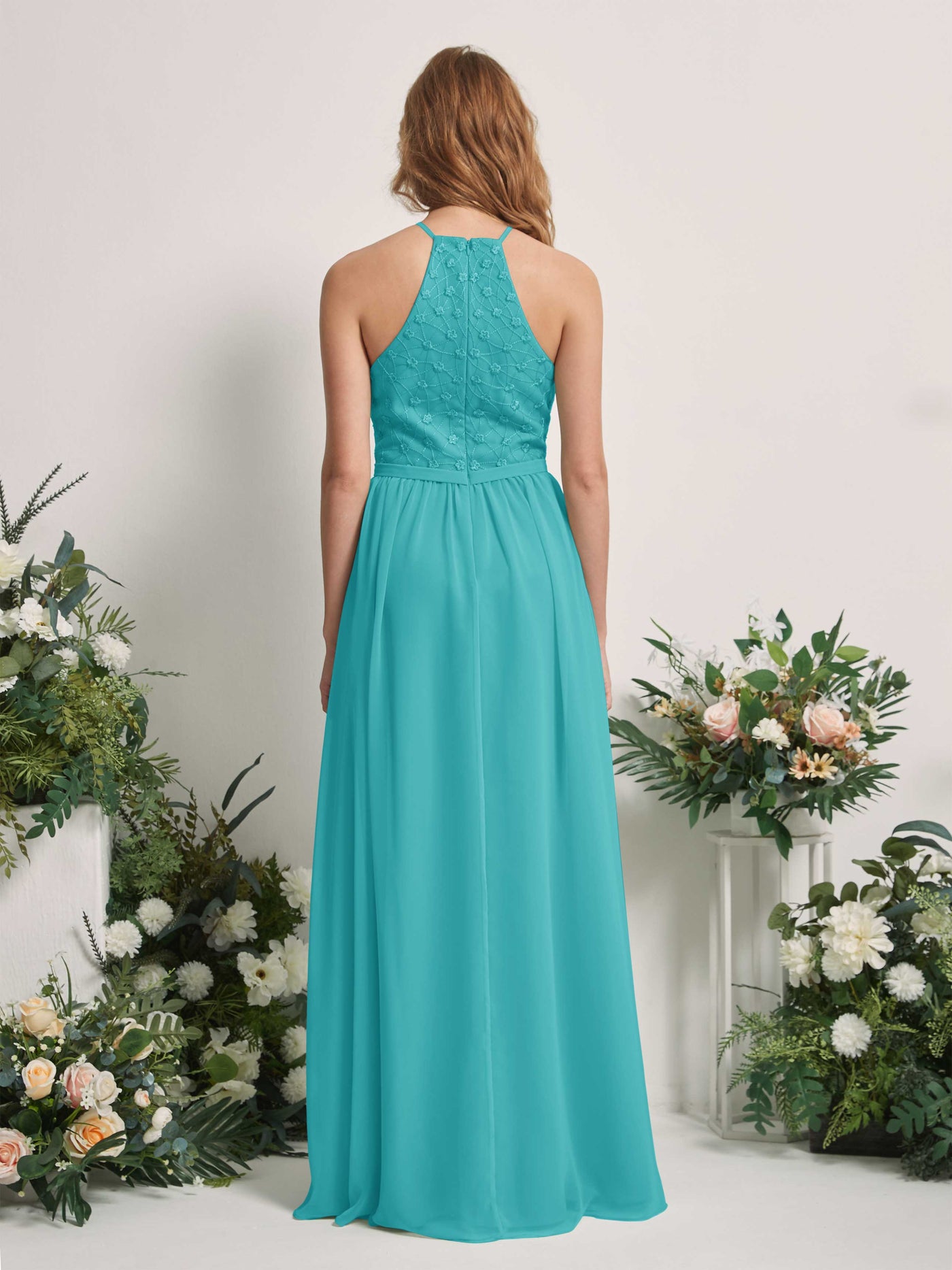Carlyna Vestido línea A cuello redondo hasta el suelo vestidos de dama de honor Turquesa #color_turquesa
