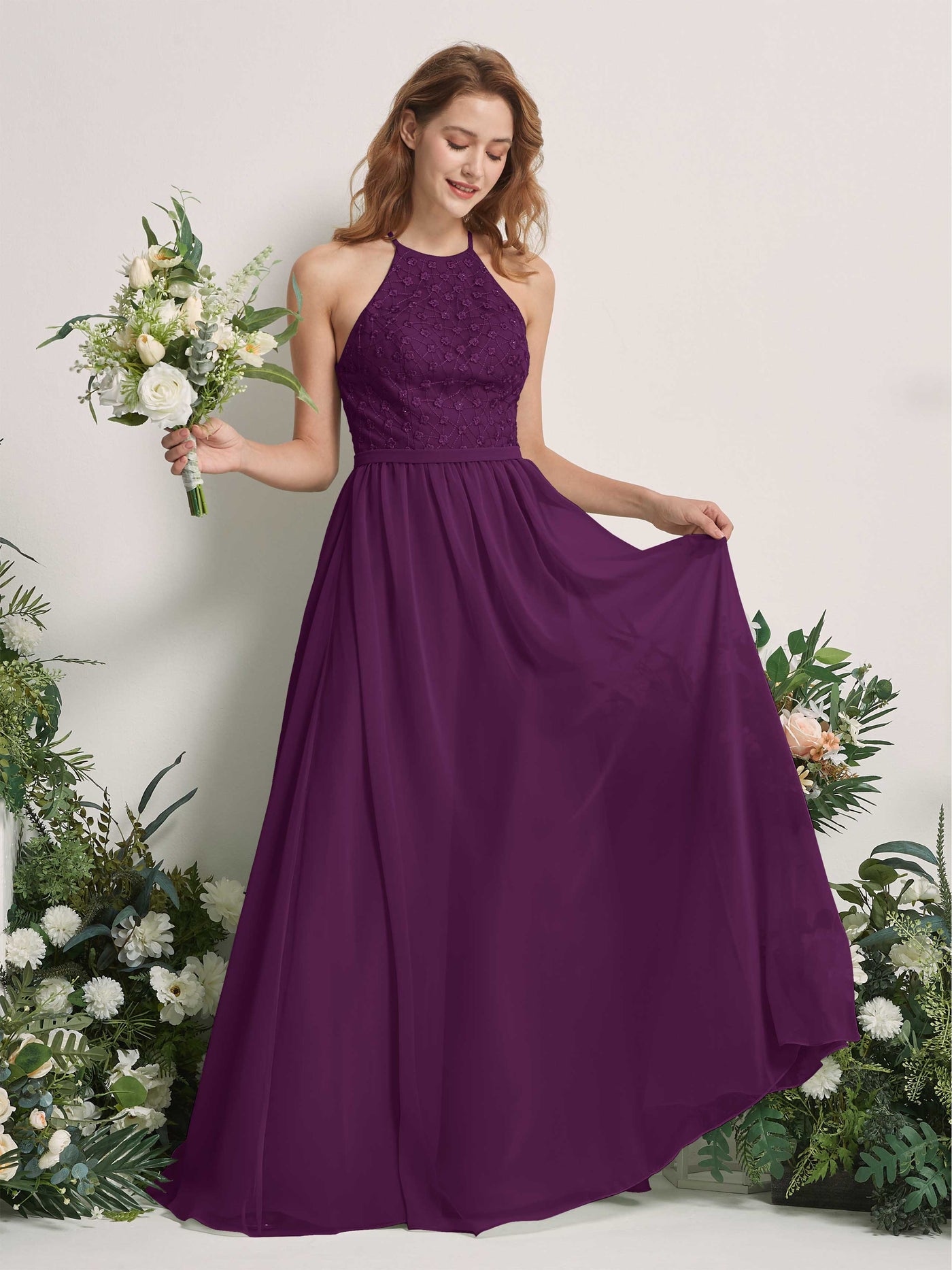 Carlyna Vestido línea A cuello redondo hasta el suelo vestidos de dama de honor Uva #color_uva