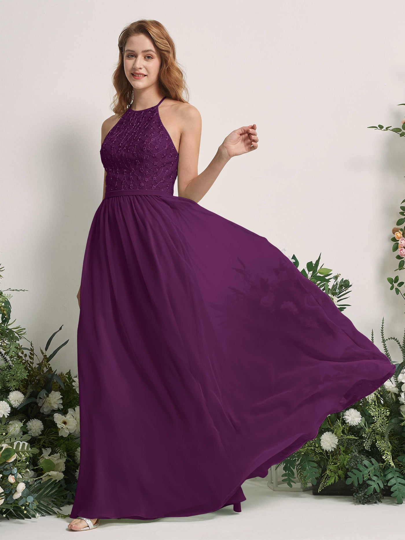 Carlyna Vestido línea A cuello redondo hasta el suelo vestidos de dama de honor Uva #color_uva