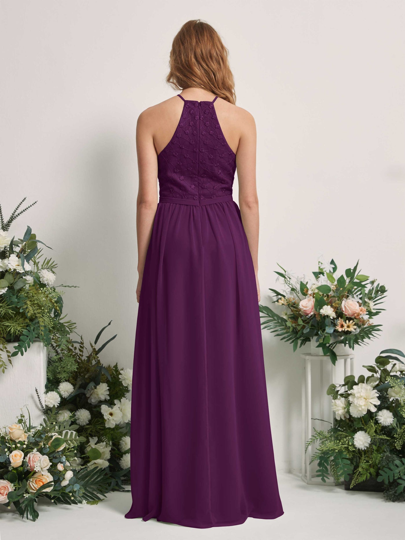 Carlyna Vestido línea A cuello redondo hasta el suelo vestidos de dama de honor Uva #color_uva