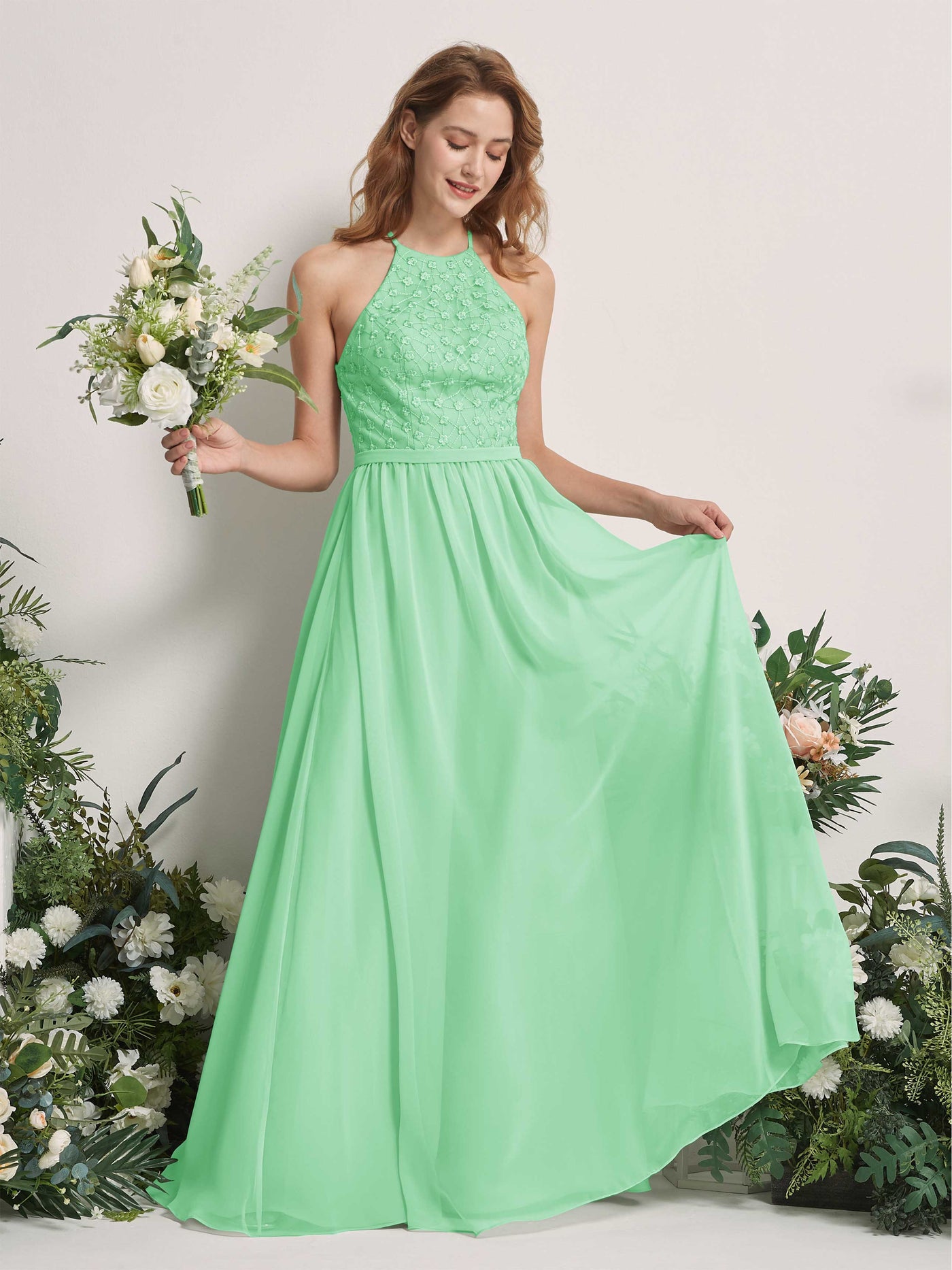 Carlyna Vestido línea A cuello redondo hasta el suelo vestidos de dama de honor Verde Menta #color_verde-menta