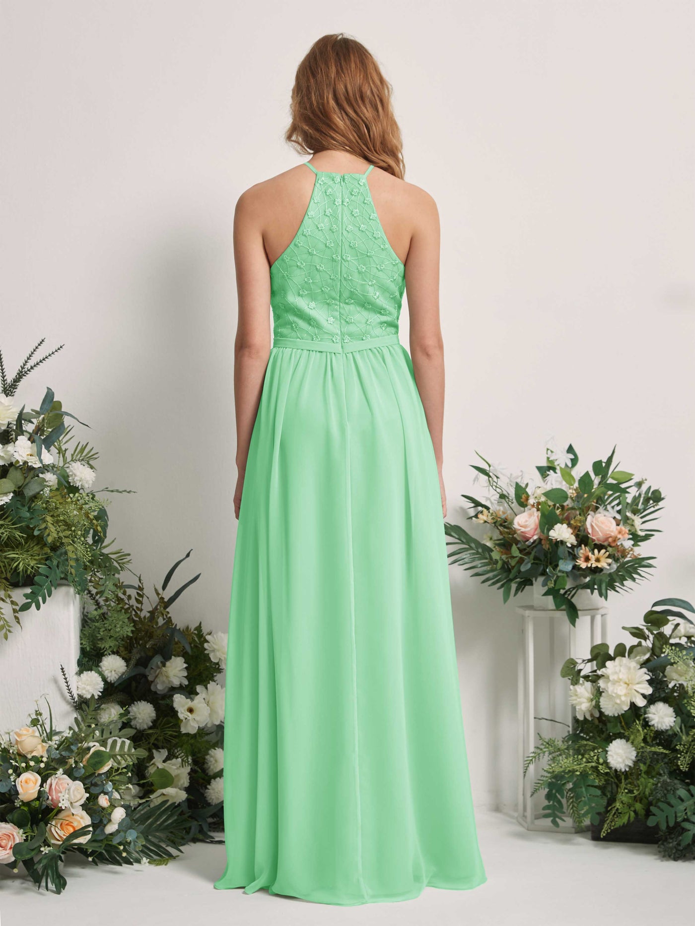 Carlyna Vestido línea A cuello redondo hasta el suelo vestidos de dama de honor Verde Menta #color_verde-menta