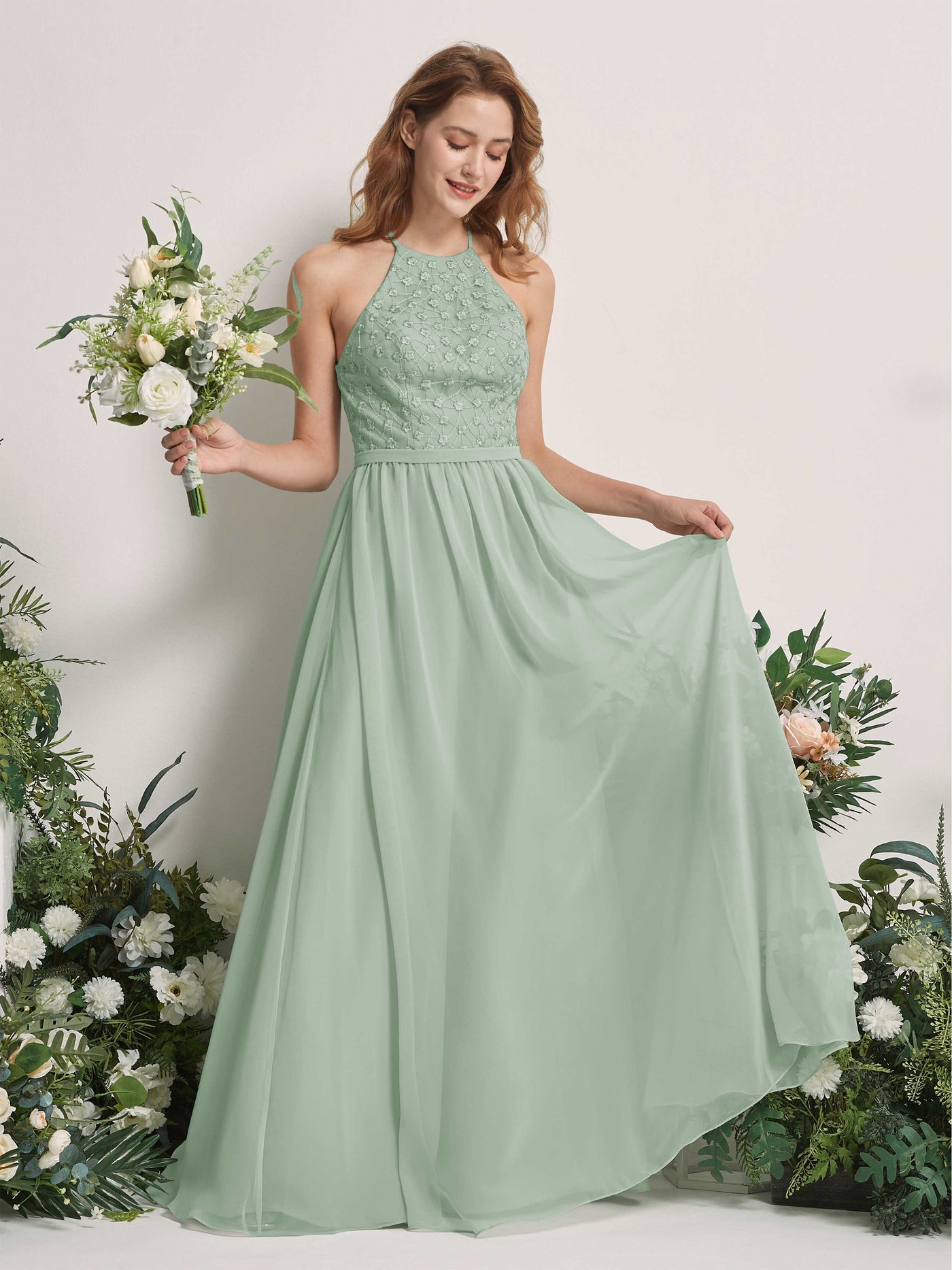 Carlyna Vestido línea A cuello redondo hasta el suelo vestidos de dama de honor Verde Salvia #color_verde-salvia