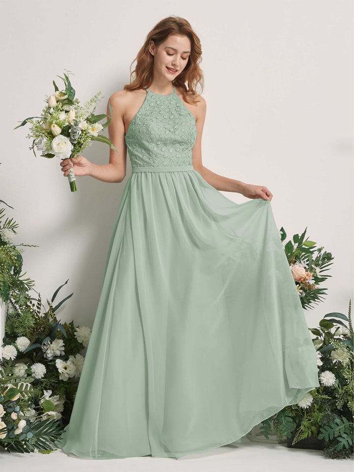 Carlyna Vestido línea A cuello redondo hasta el suelo vestidos de dama de honor Verde Salvia 