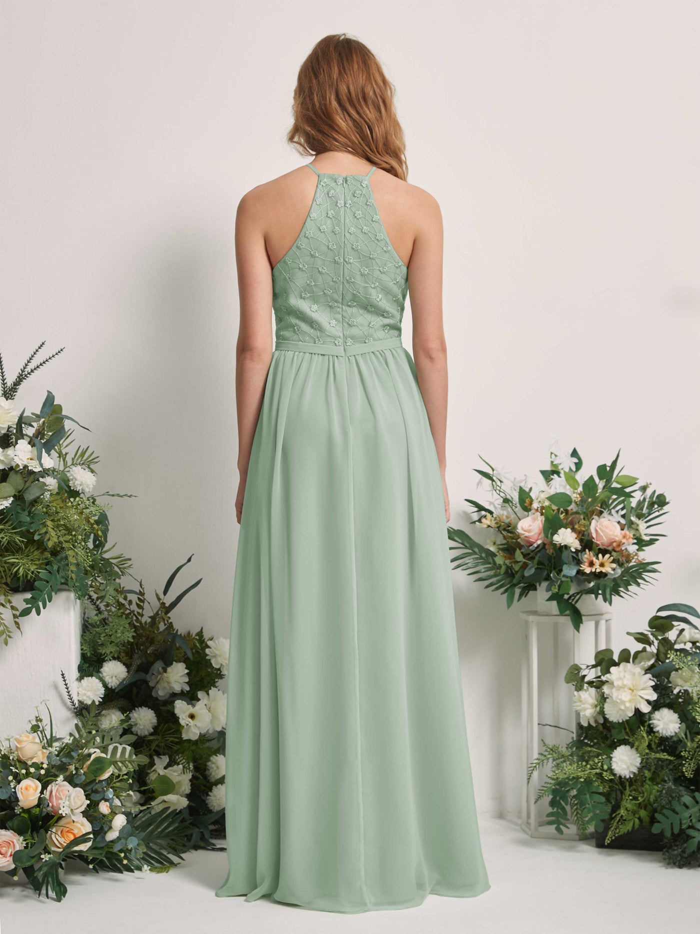 Carlyna Vestido línea A cuello redondo hasta el suelo vestidos de dama de honor Verde Salvia #color_verde-salvia