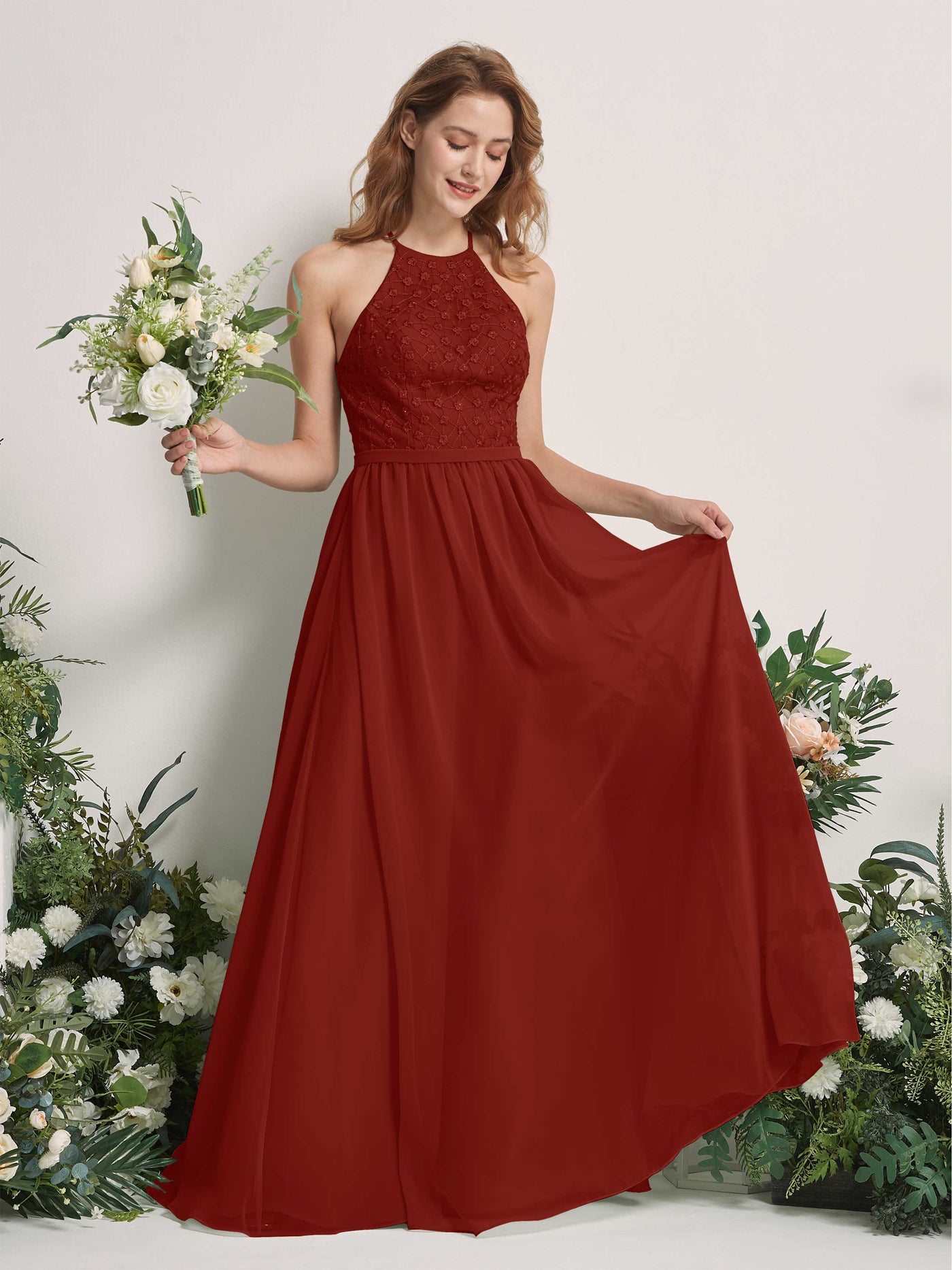 Carlyna Vestido línea A cuello redondo hasta el suelo vestidos de dama de honor Óxido #color_xido