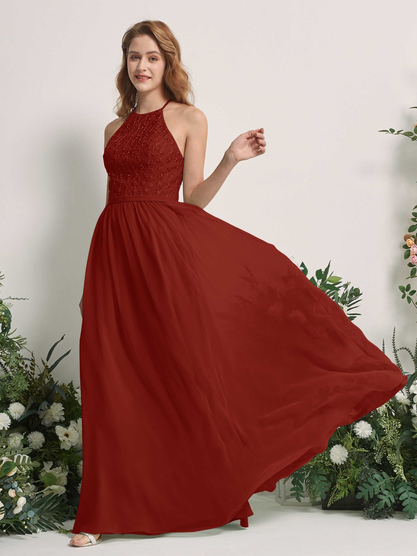Carlyna Vestido línea A cuello redondo hasta el suelo vestidos de dama de honor Óxido #color_xido