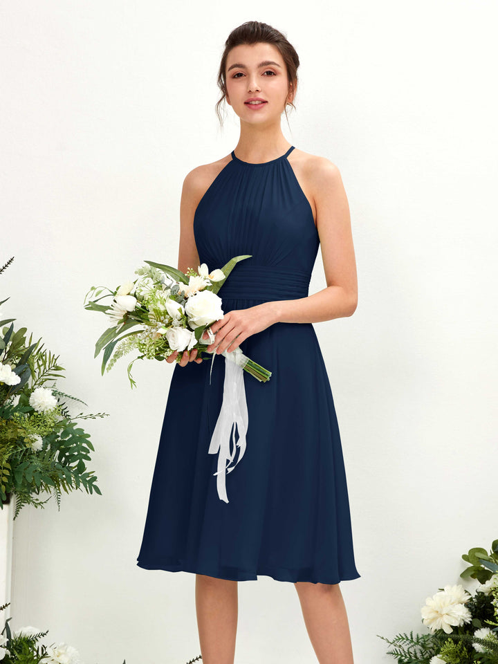 Carlyna Vestido línea A cuello redondo hasta la rodilla gasa dama de honor Azul Marino 