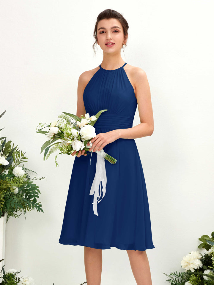 Carlyna Vestido línea A cuello redondo hasta la rodilla gasa dama de honor Azul Real 