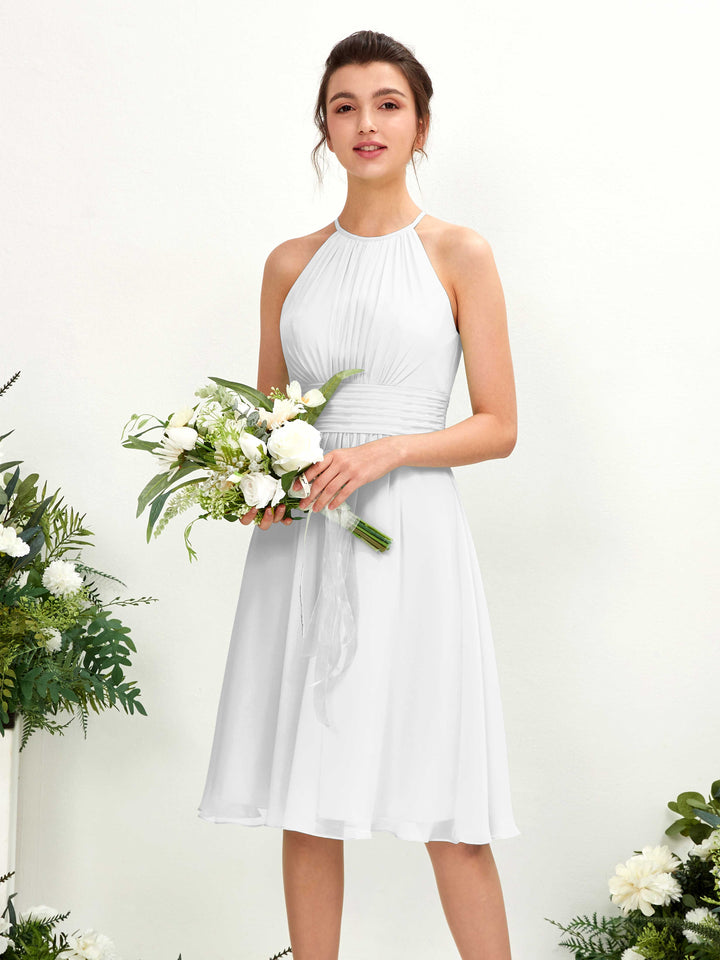 Carlyna Vestido línea A cuello redondo hasta la rodilla gasa dama de honor Blanco 