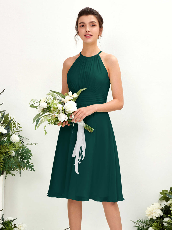 Carlyna Vestido línea A cuello redondo hasta la rodilla gasa dama de honor Esmeralda Oscuro 