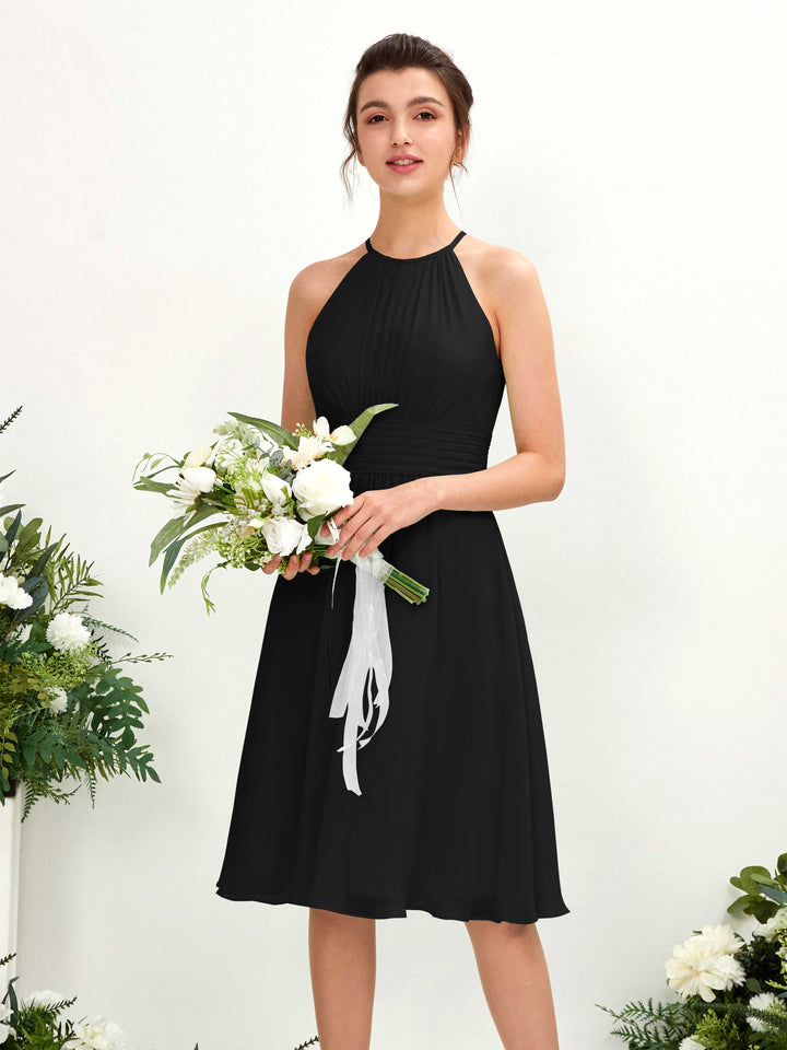 Carlyna Vestido línea A cuello redondo hasta la rodilla gasa dama de honor Negro 